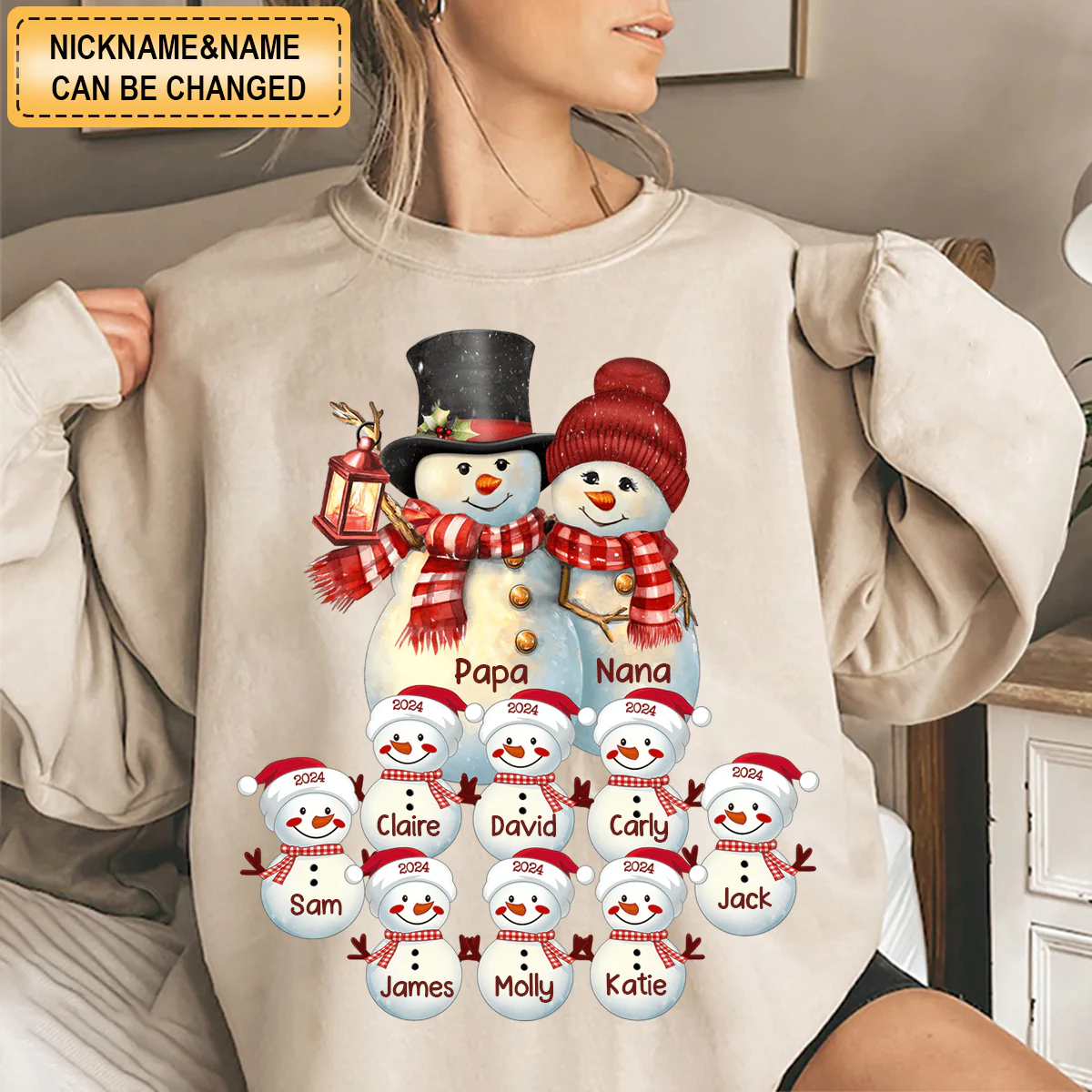 Couple Snowman Christmas Grandma Grandpa With Grandkids Personalized Sweatshirt - Image 3