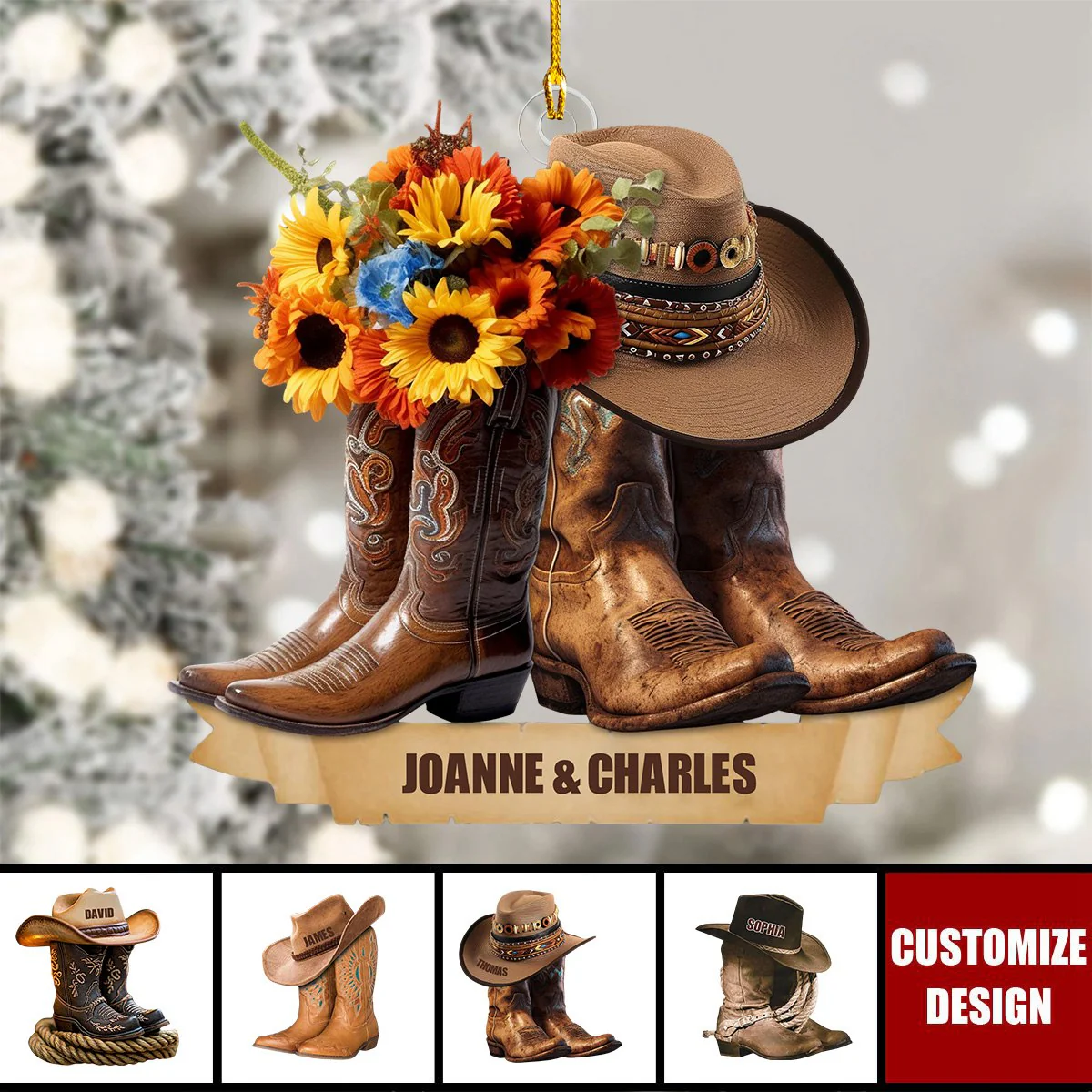 Cowboy Cowgirl Hat & Boots - Custom Christmas Ornament - Image 2