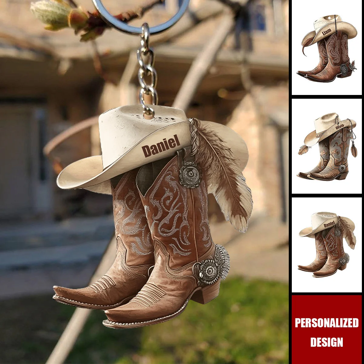 Cowboy Cowgirl Hat & Boots - Personalized Christmas Keychain - Image 2