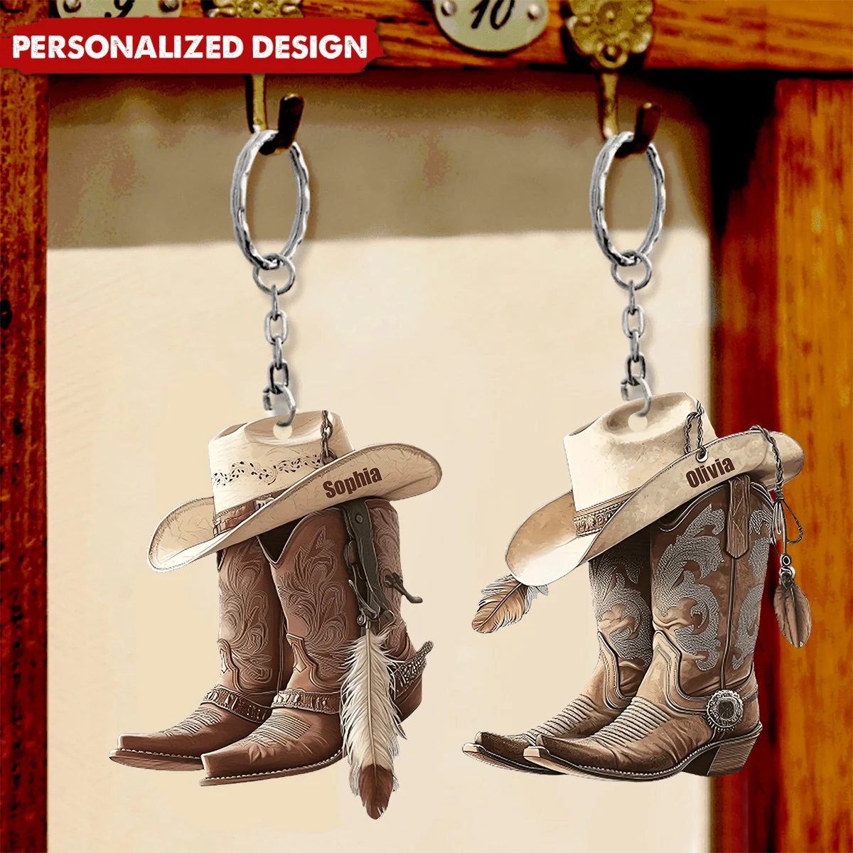 Cowboy Cowgirl Hat & Boots - Personalized Christmas Keychain - Image 3