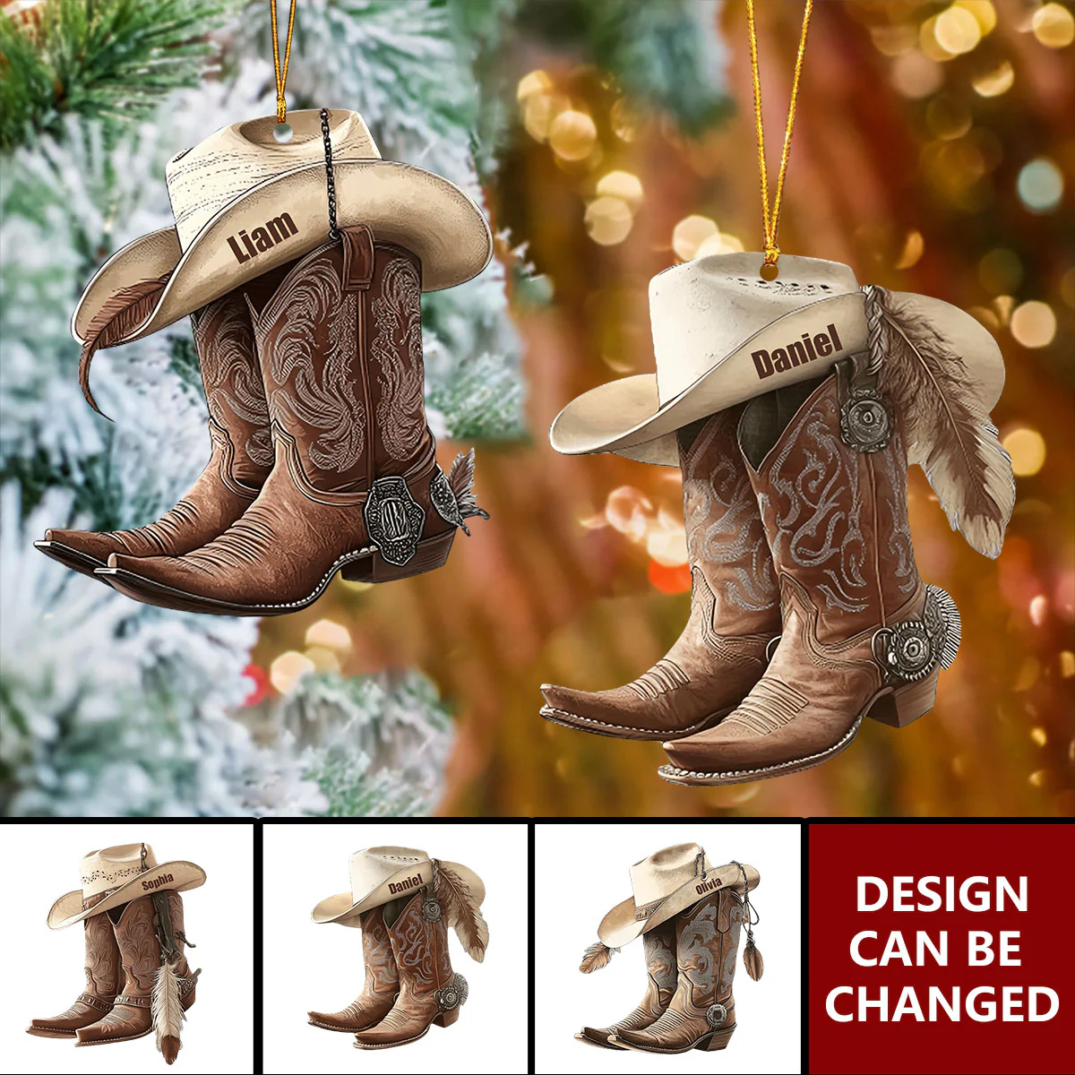 Cowboy Cowgirl Hat & Boots - Personalized Christmas Ornament - Image 2
