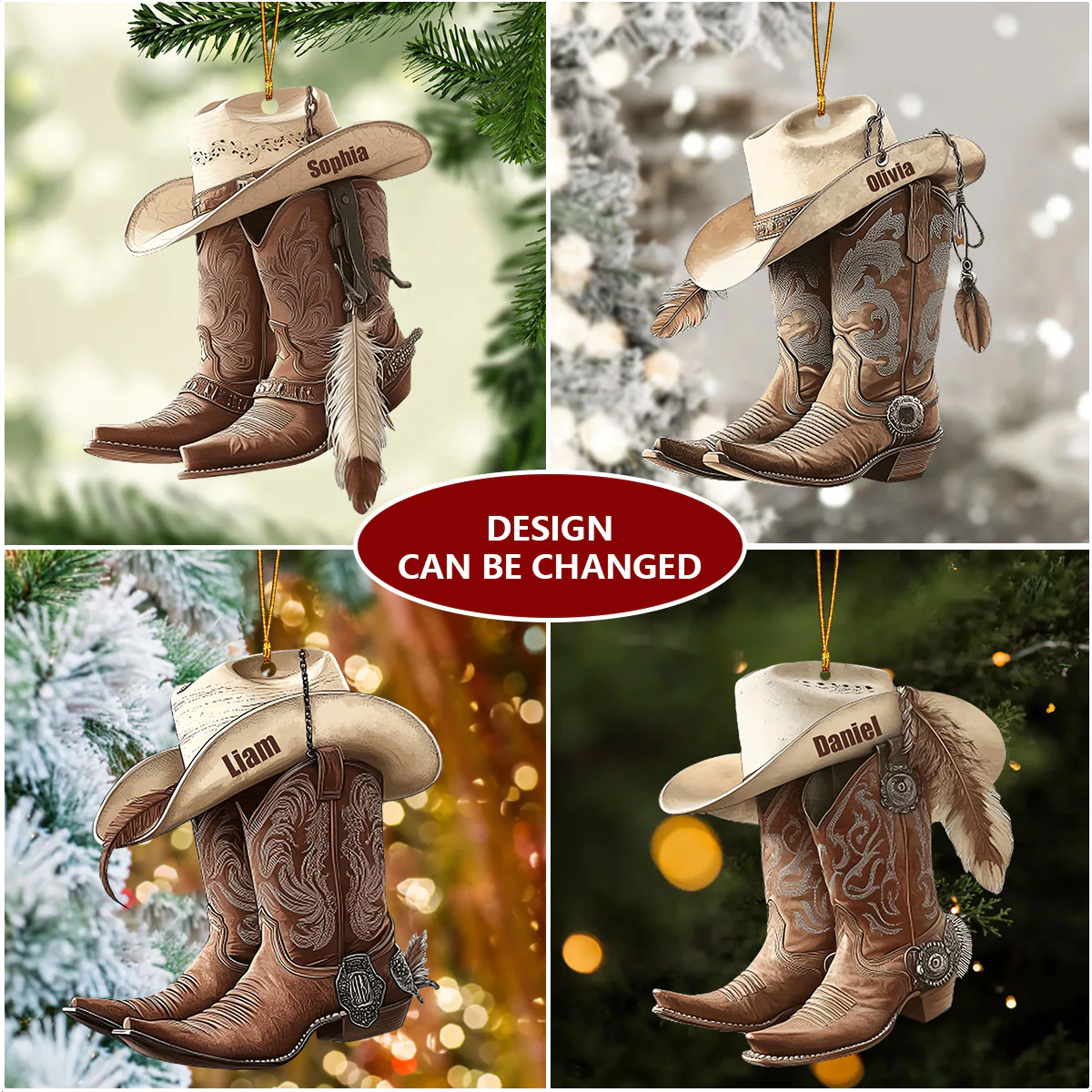 Cowboy Cowgirl Hat & Boots - Personalized Christmas Ornament - Image 3