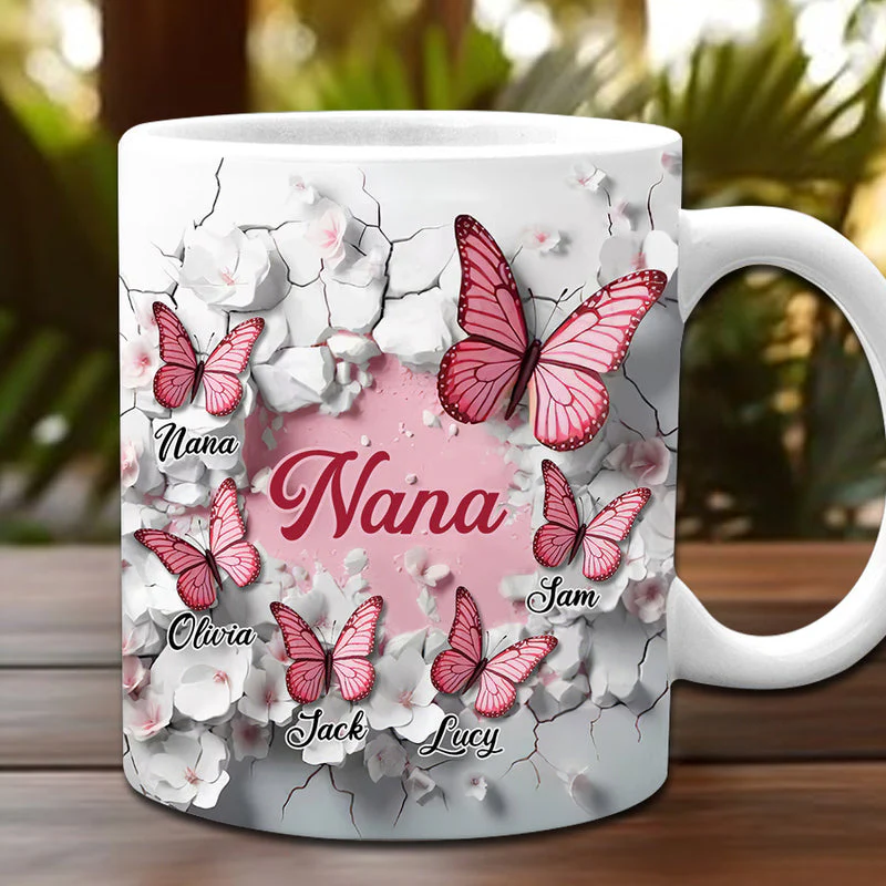 Crack In A Wall Pink Butterfly Grandma Mom Kids Personalized Mug - Image 2