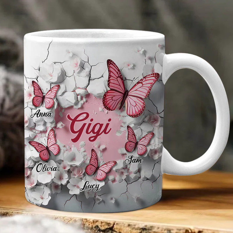 Crack In A Wall Pink Butterfly Grandma Mom Kids Personalized Mug - Image 3