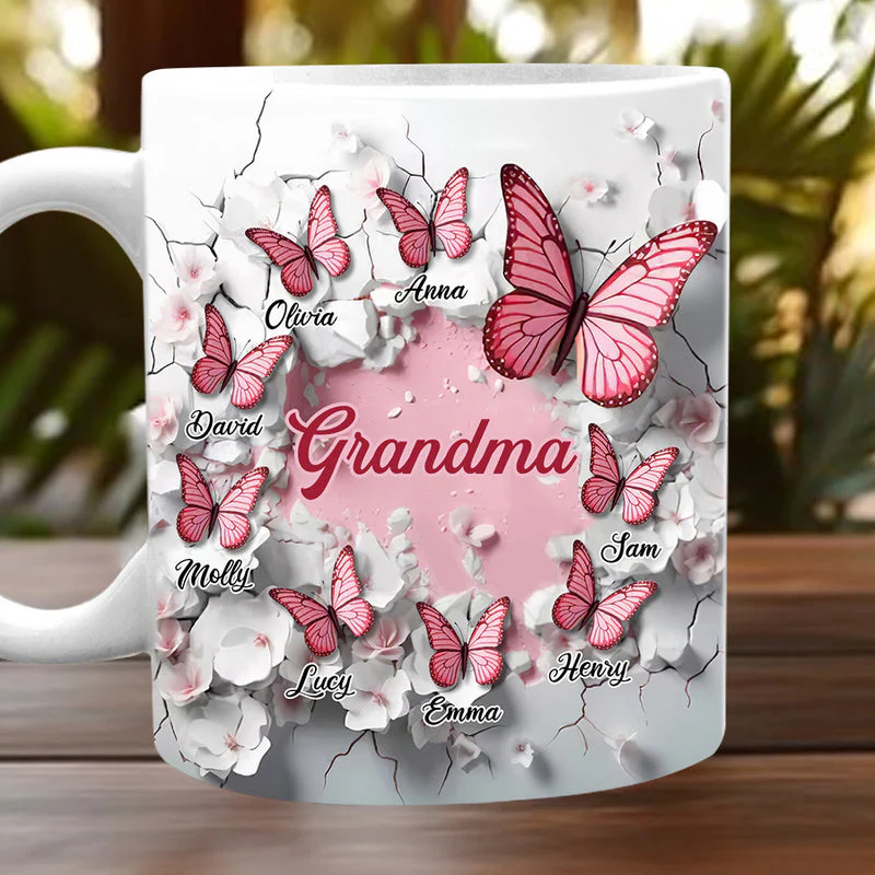Crack In A Wall Pink Butterfly Grandma Mom Kids Personalized Mug - Image 4