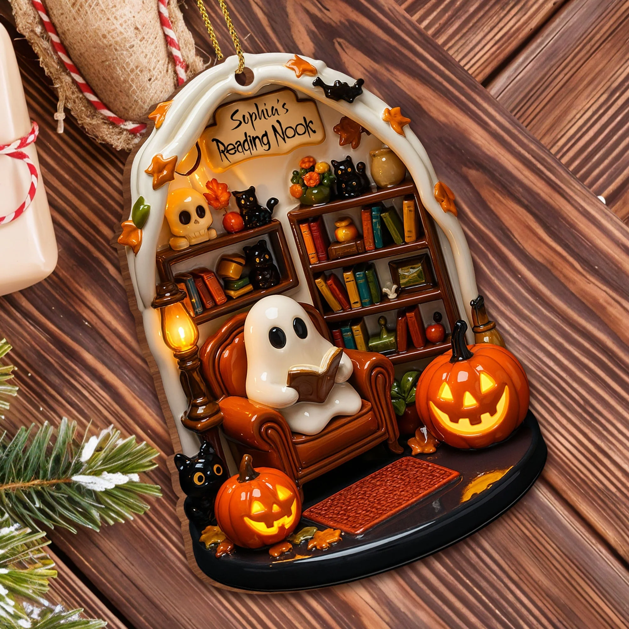 Create Your Own Personalized Reading Nook, Custom Wood Ornament Gift For Book and Halloween Lovers - Image 5