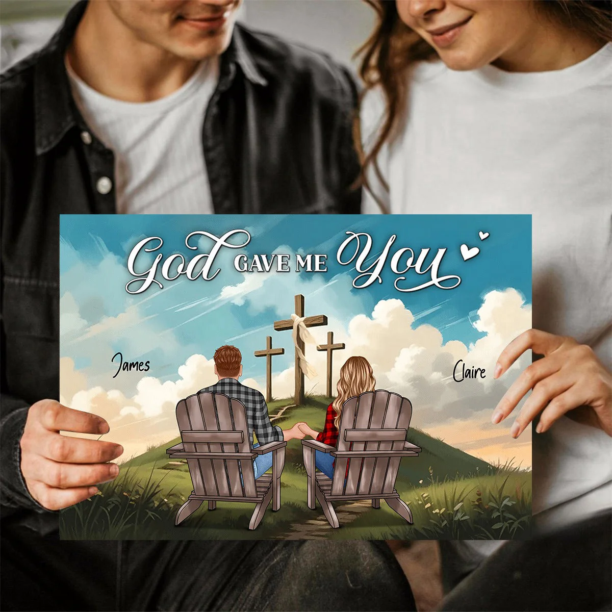 Cross God Gave Me You Couple Sitting Personalized Poster, Anniversary Gift For Him, Her - Image 3