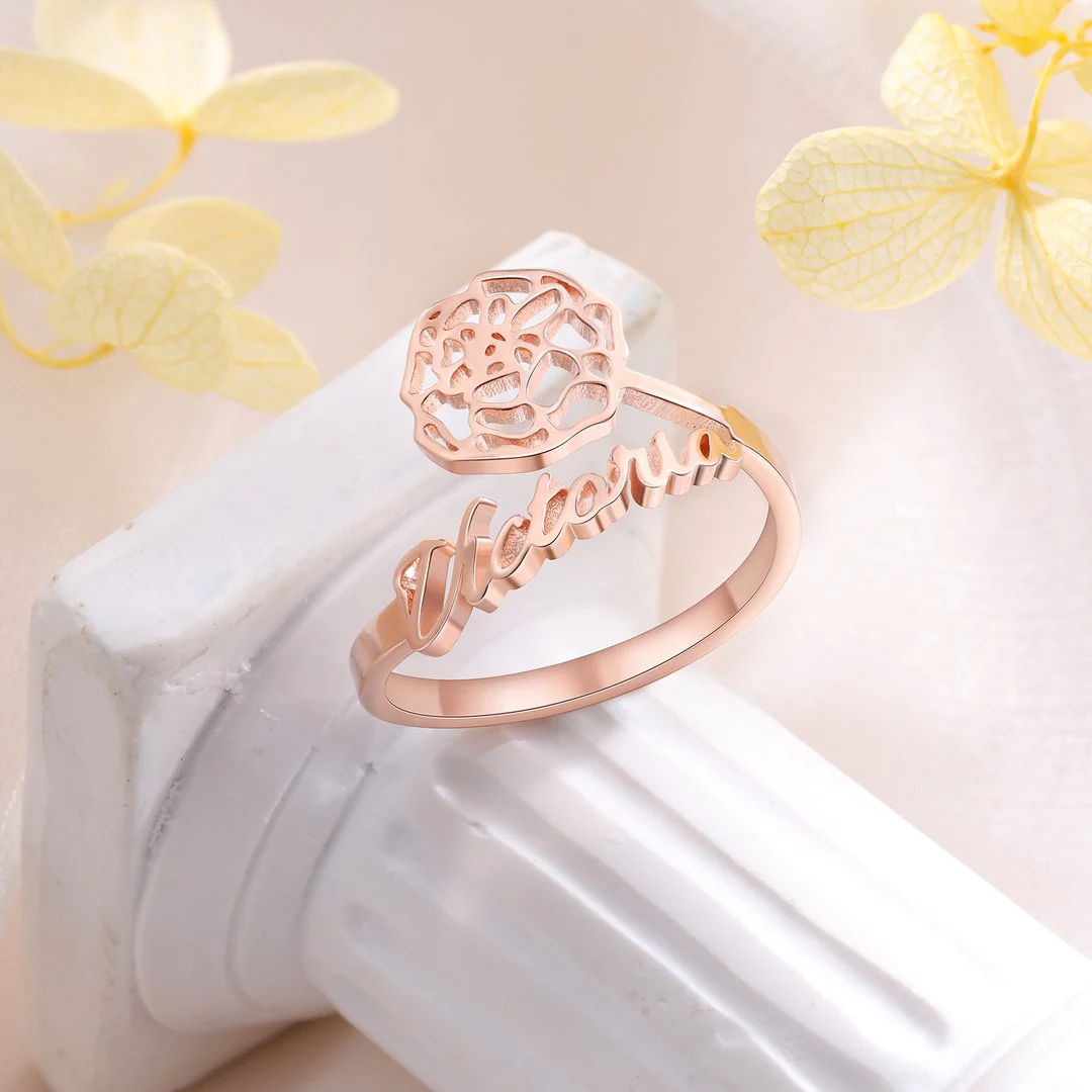 Custom Birth Flower Name Ring - Image 6