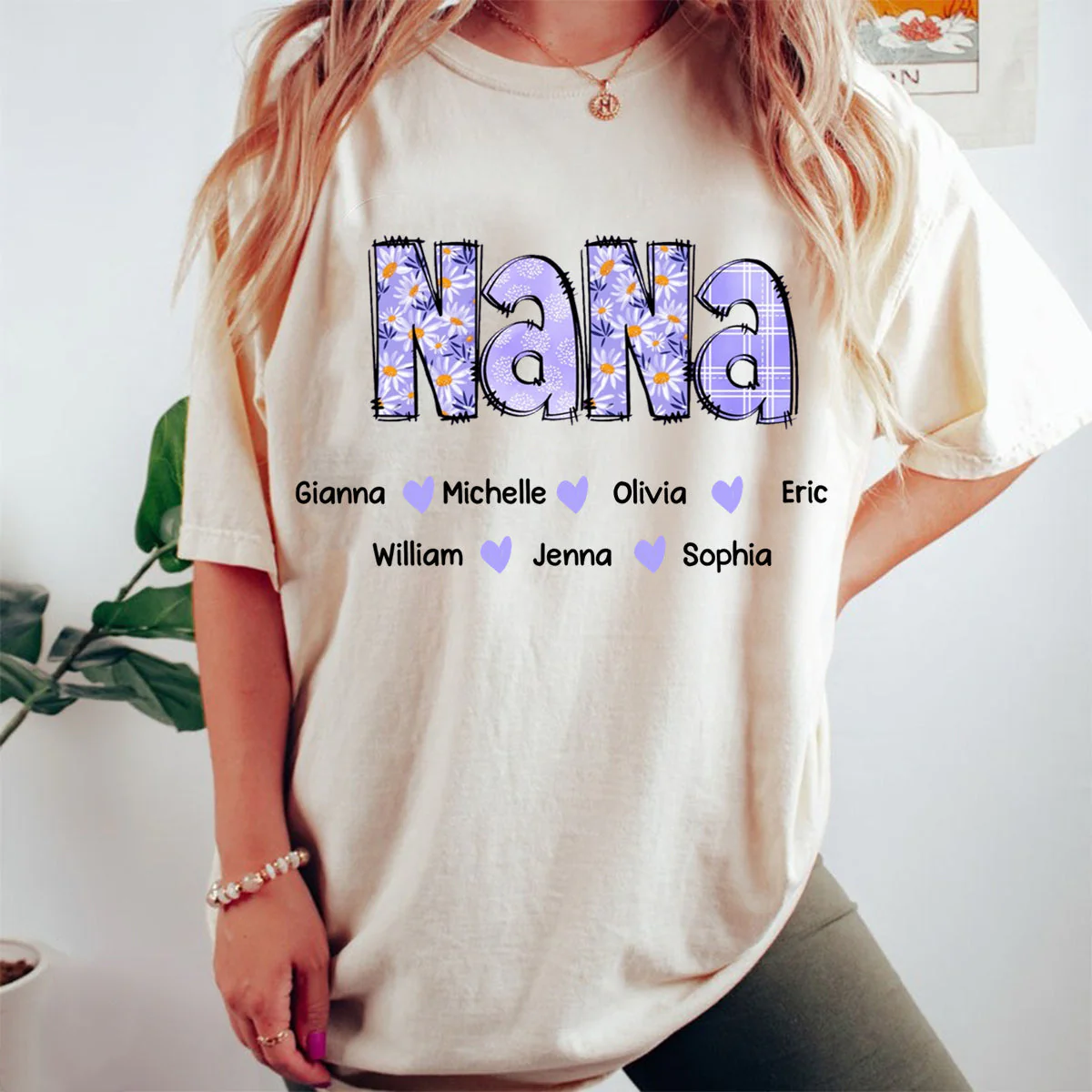 Custom Gigi Purple Daisy With Grandkids Mother's Day Pure Cotton T-Shirt - Image 2