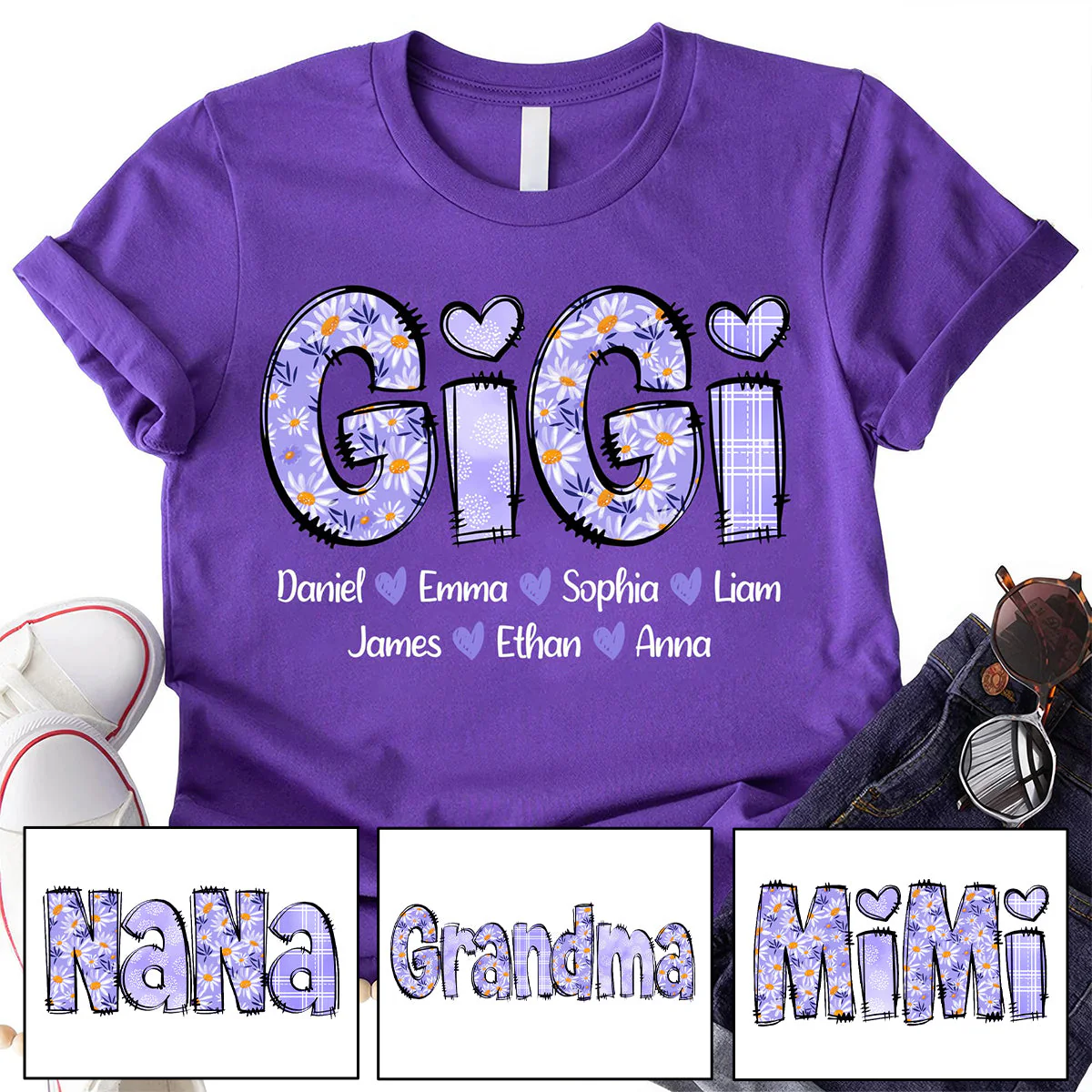 Custom Gigi Purple Daisy With Grandkids Mother's Day Pure Cotton T-Shirt - Image 4