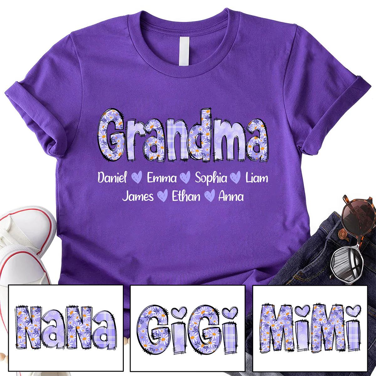 Custom Gigi Purple Daisy With Grandkids Mother's Day Pure Cotton T-Shirt - Image 6
