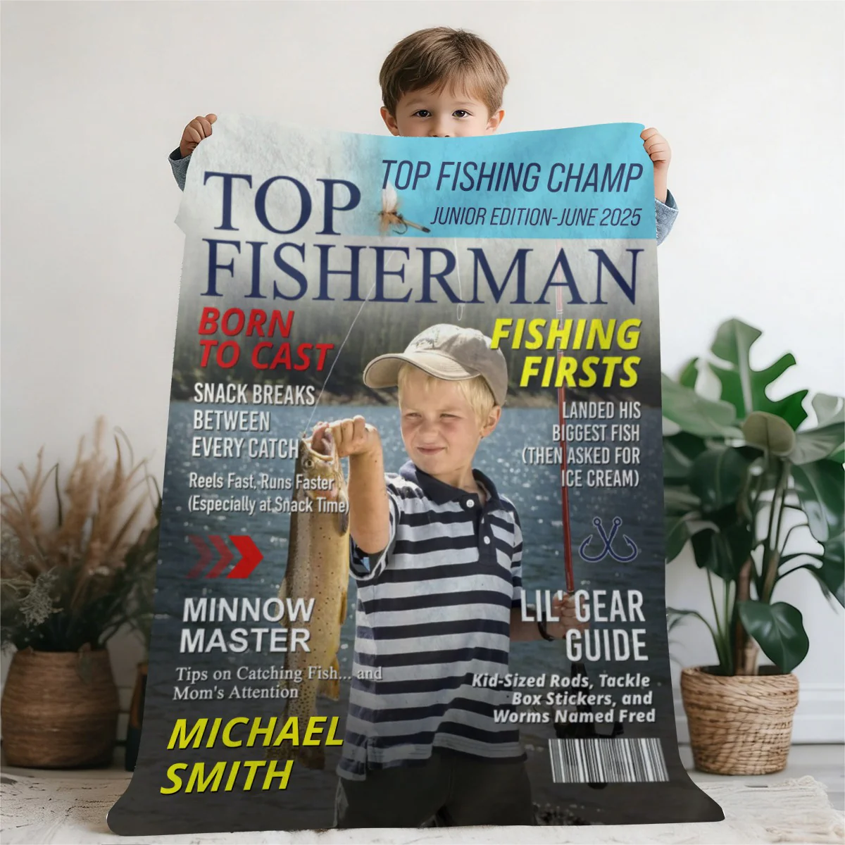 Custom Kids Fishing Magazine Cover Blanket, Fishing Gifts for Boys, Fishing Gift for Son, Grandson - Image 3