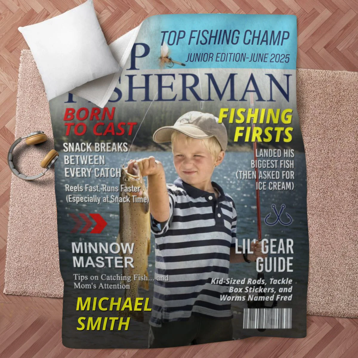 Custom Kids Fishing Magazine Cover Blanket, Fishing Gifts for Boys, Fishing Gift for Son, Grandson - Image 4