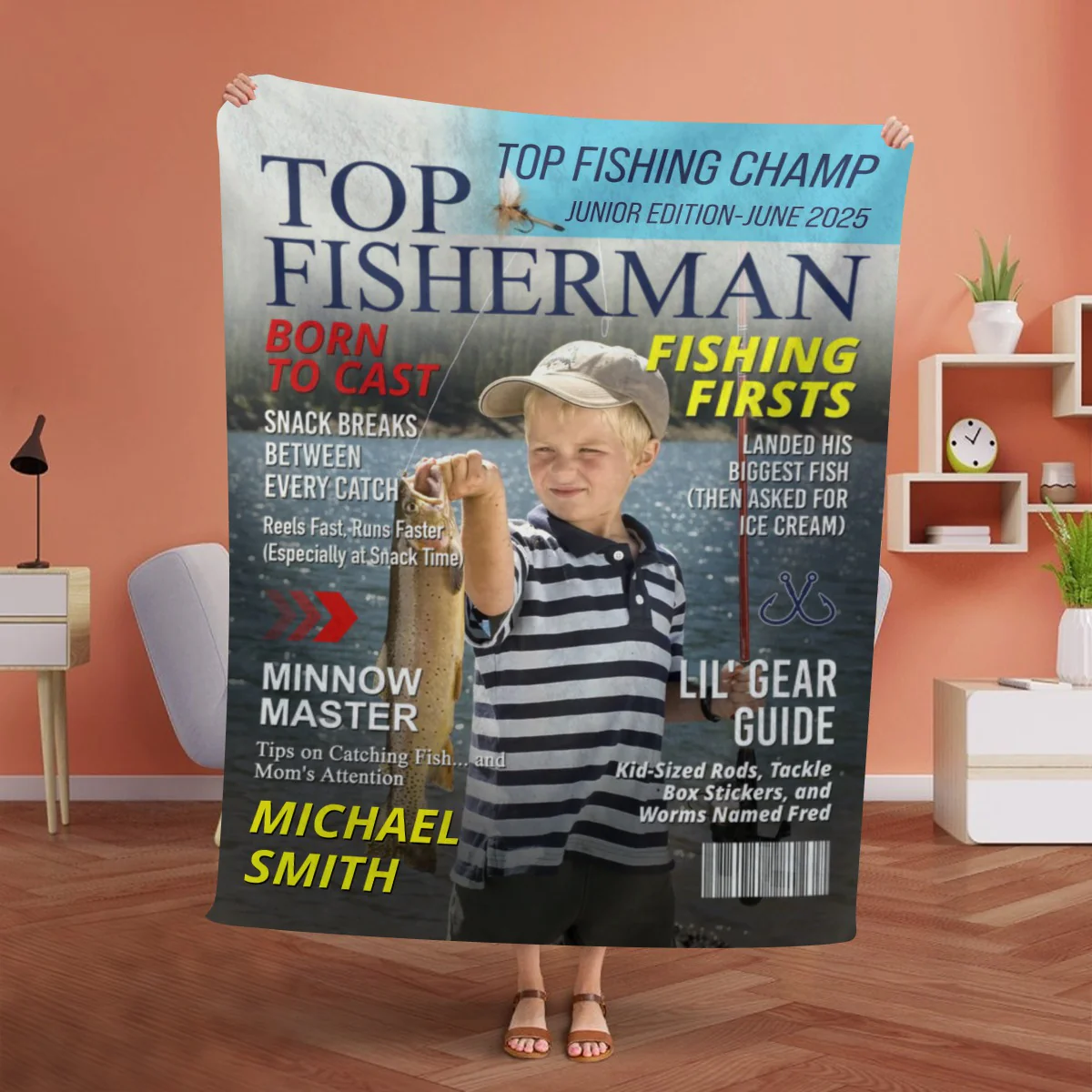 Custom Kids Fishing Magazine Cover Blanket, Fishing Gifts for Boys, Fishing Gift for Son, Grandson - Image 5