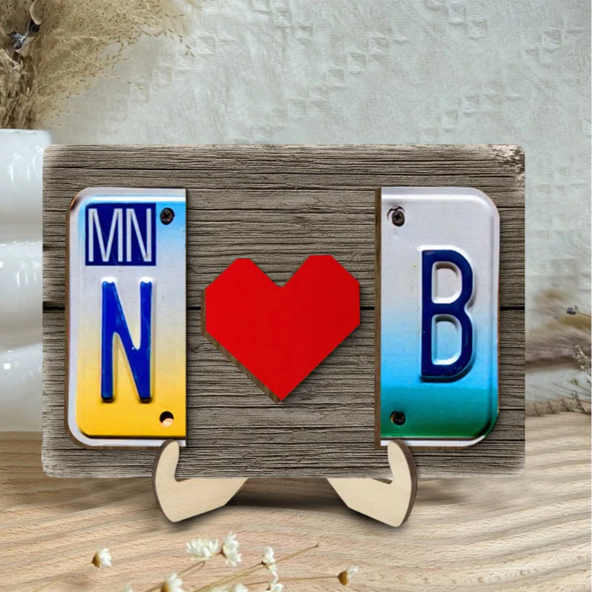 Custom License Plate Initials Couple with Red Heart Personalized Wooden Plaque - Image 2
