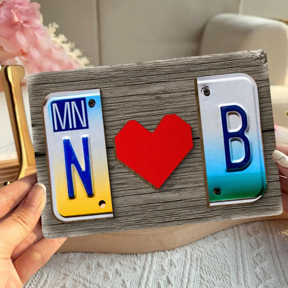 Custom License Plate Initials Couple with Red Heart Personalized Wooden Plaque - Image 3