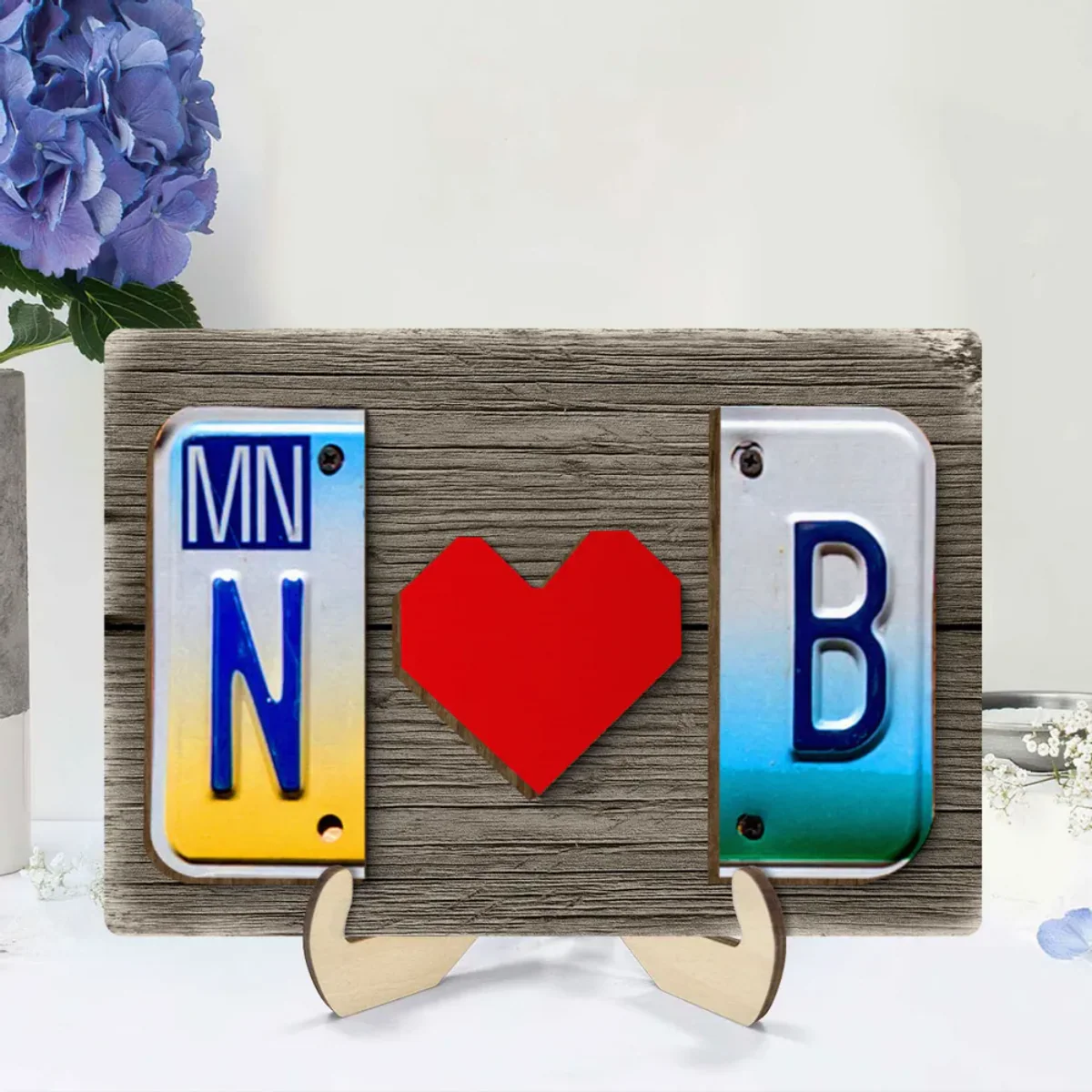 Custom License Plate Initials Couple with Red Heart Personalized Wooden Plaque - Image 4