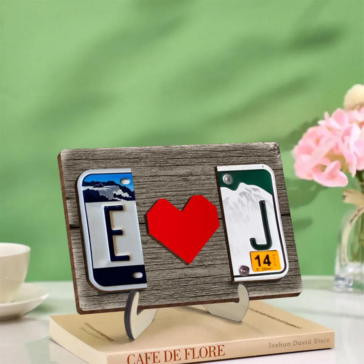 Custom License Plate Initials Couple with Red Heart Personalized Wooden Plaque - Image 5