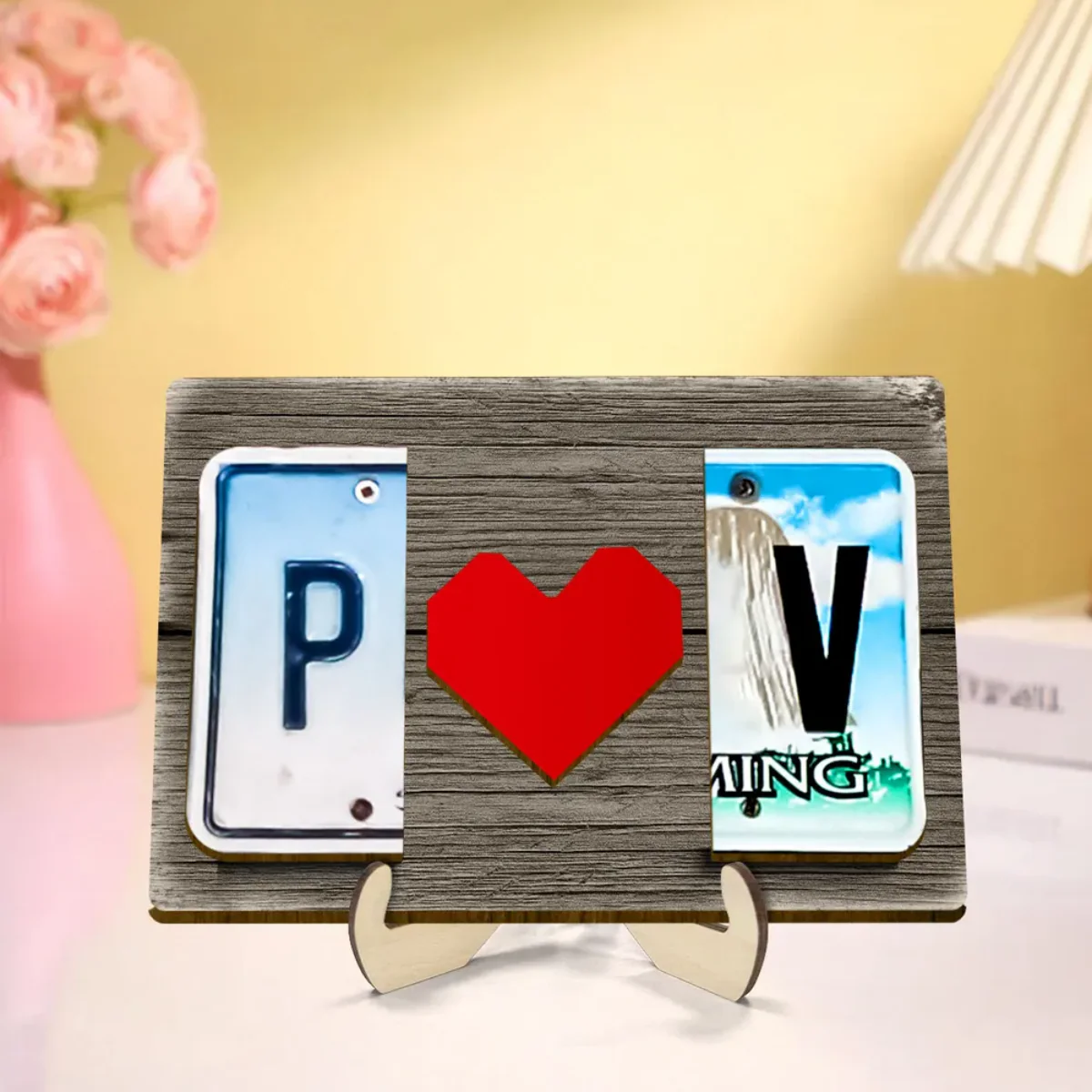 Custom License Plate Initials Couple with Red Heart Personalized Wooden Plaque - Image 6