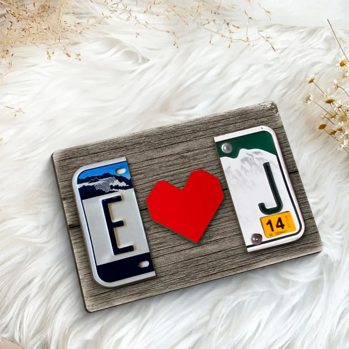 Custom License Plate Initials Couple with Red Heart Personalized Wooden Plaque - Image 7