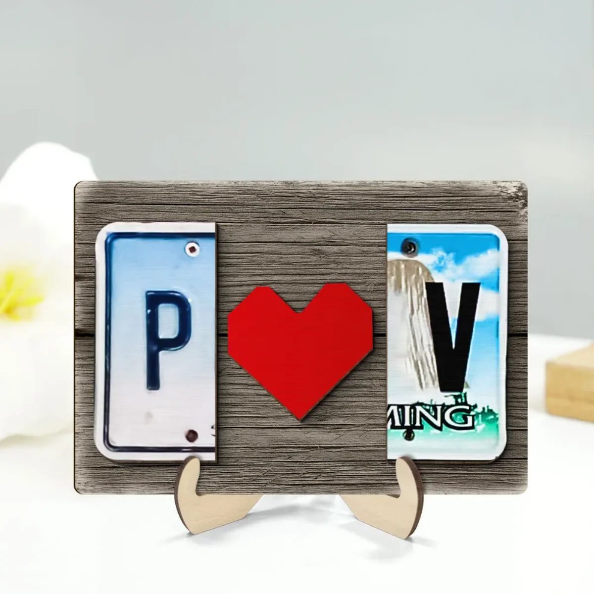 Custom License Plate Initials Couple with Red Heart Personalized Wooden Plaque - Image 8