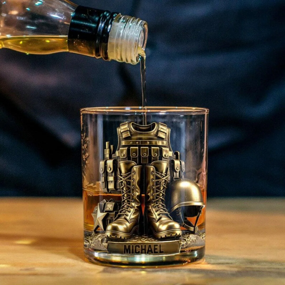 Custom Name 250th US Military Whiskey Glass Gold, Soldier Boots Whiskey Glass - Image 2