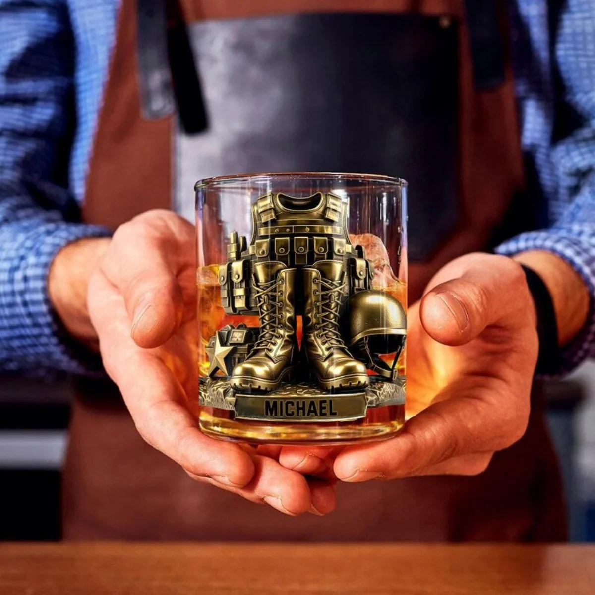 Custom Name 250th US Military Whiskey Glass Gold, Soldier Boots Whiskey Glass - Image 3