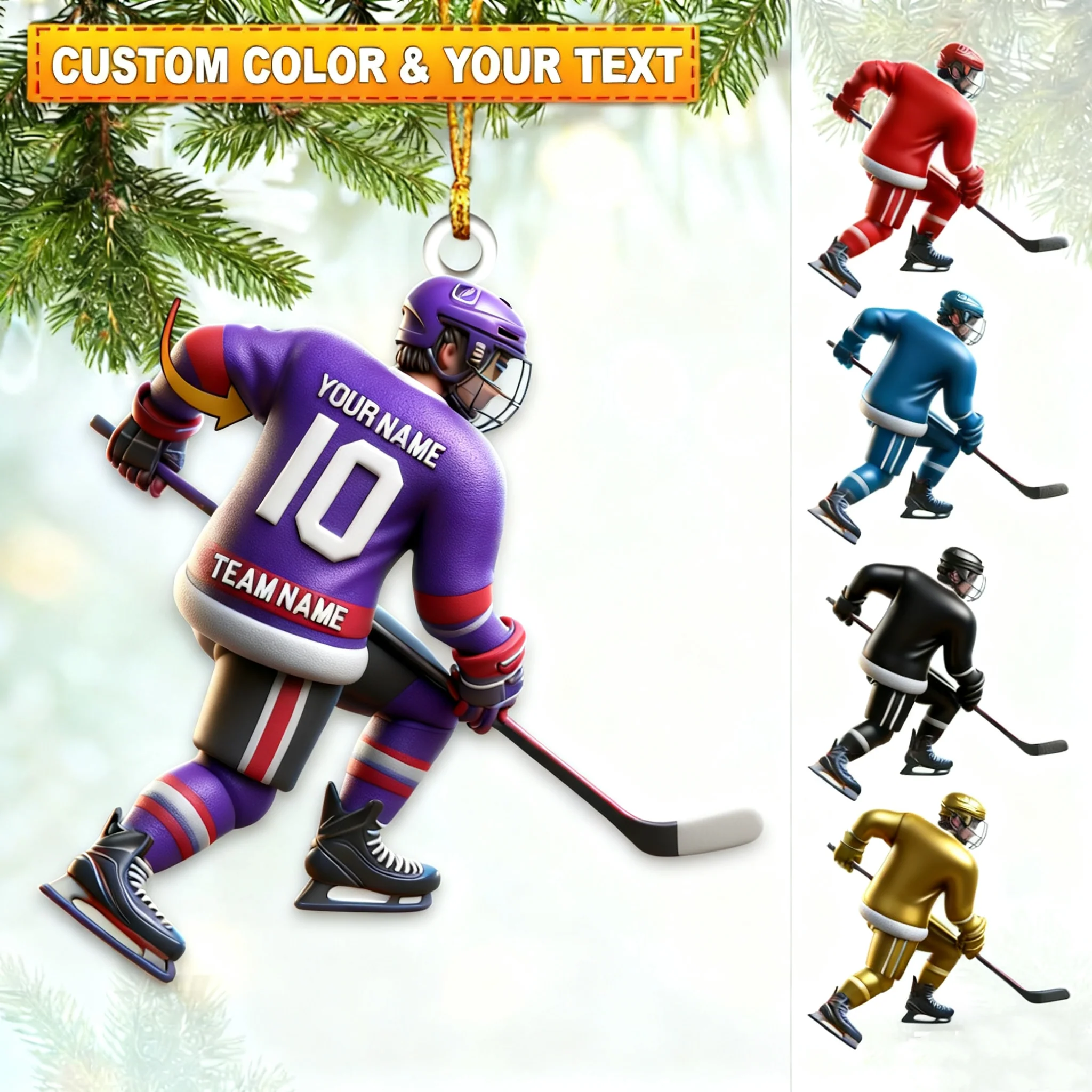 Custom Name and Number Ice Hockey Ornament, Christmas Gift Decoration