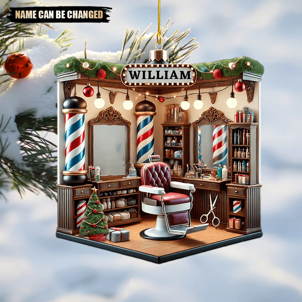 Custom Name Barber Shop Christmas Tree Ornament - Image 2