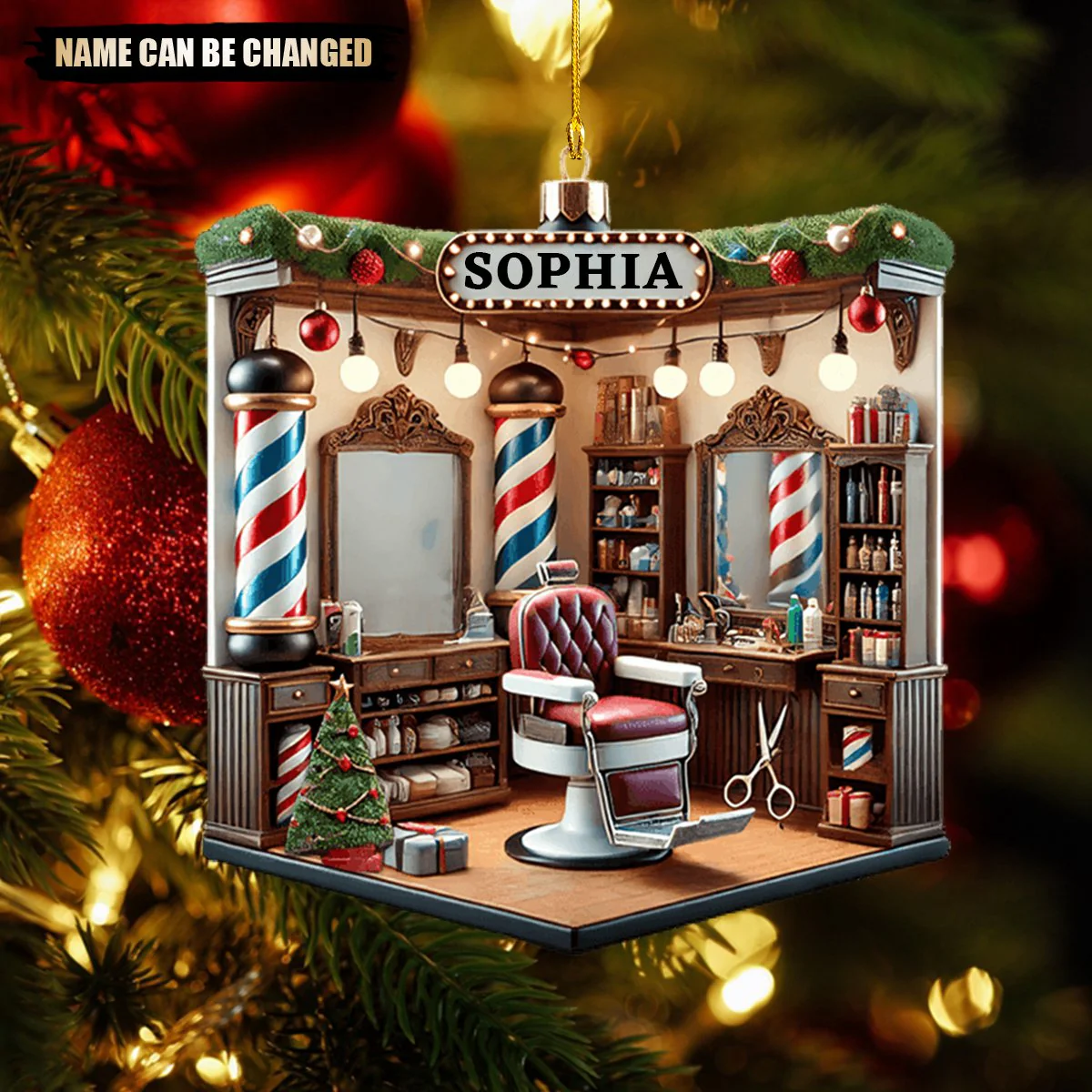 Custom Name Barber Shop Christmas Tree Ornament - Image 3