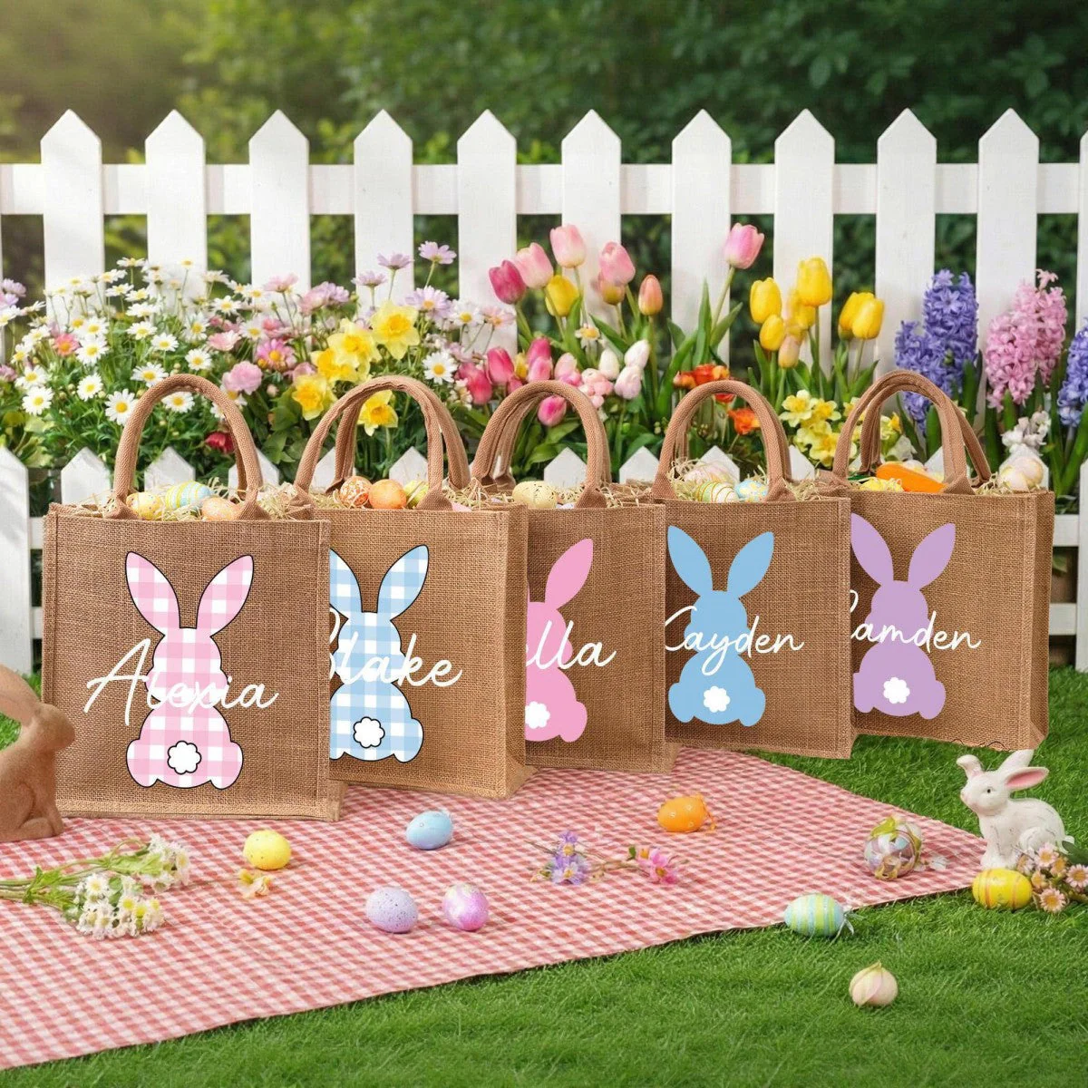 Custom Name Bunny Bag - Personalized Easter Jute Tote Bag, Kids Egg Hunt Bag - Image 4