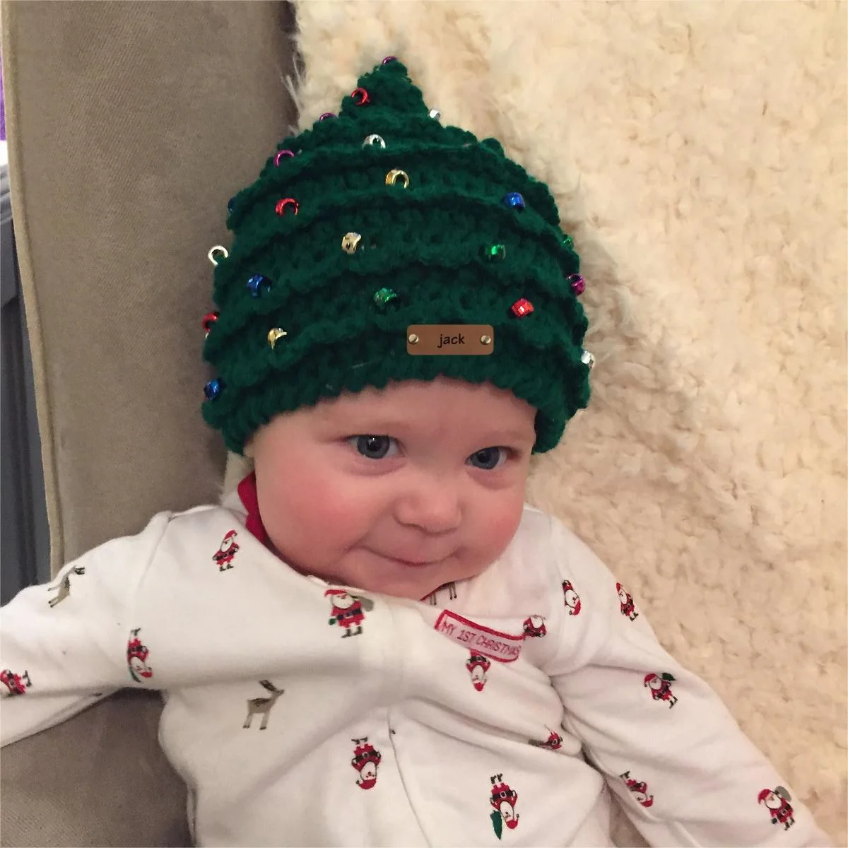 Custom Name Leather Patch Christmas Tree Personalized Knitted Hat - Image 3