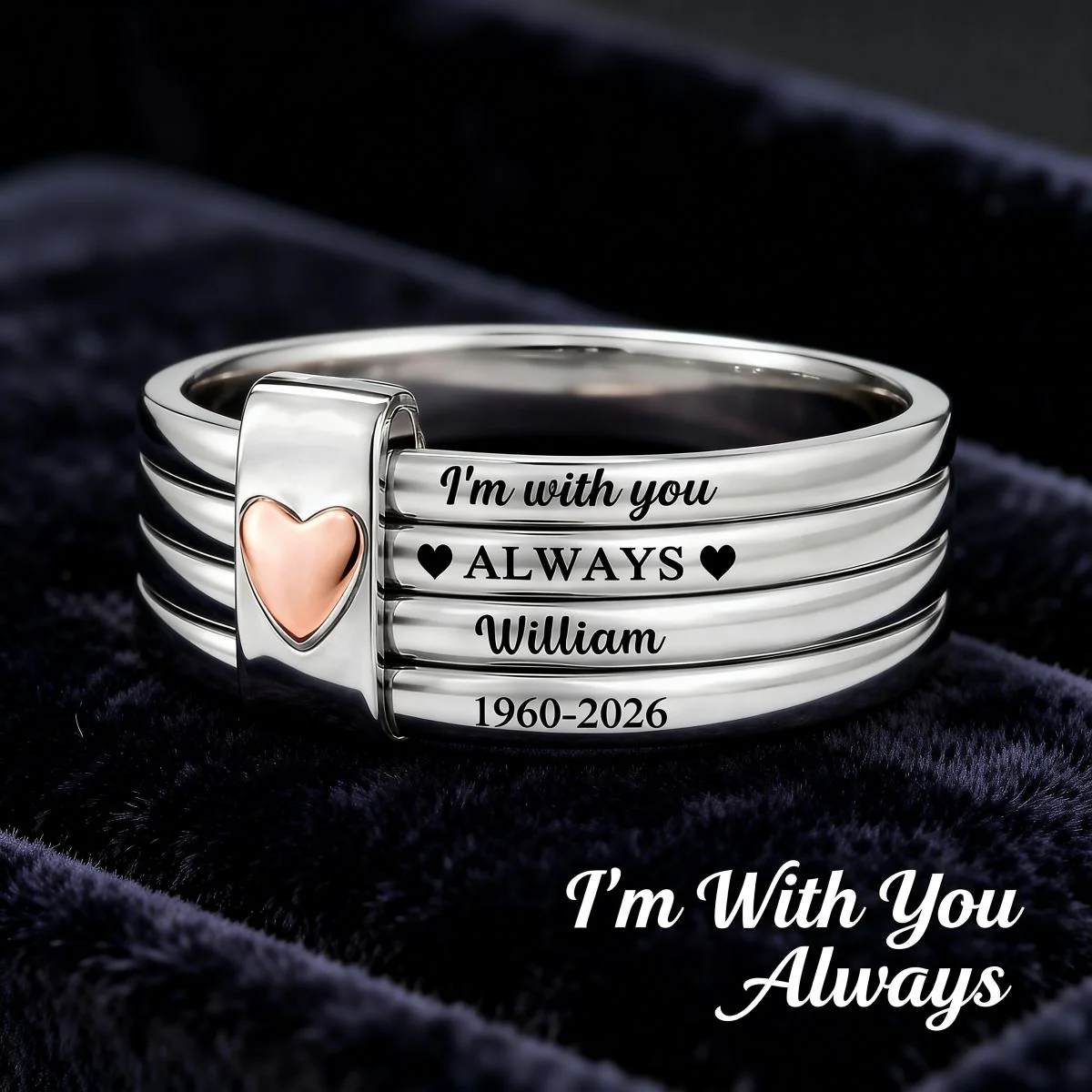 Custom Name Memorial I'm With You Always - Personalized Heart Stacking Rings - Image 3