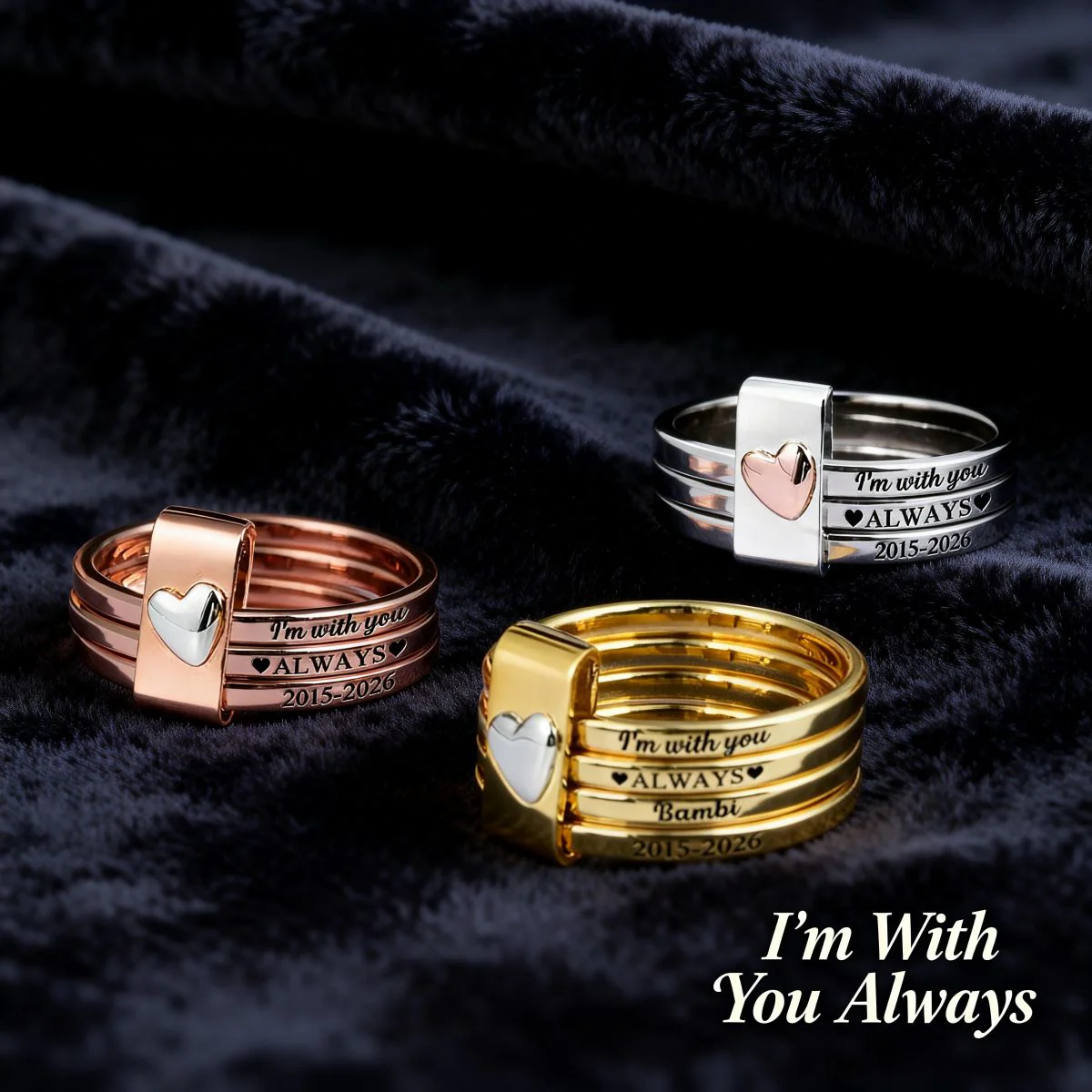 Custom Name Memorial I'm With You Always - Personalized Heart Stacking Rings - Image 4