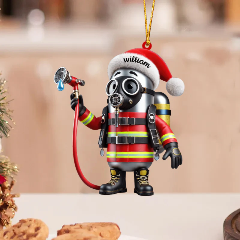 Custom Name Personalized Cute Cartoon Fire Fighter Ornament - Image 2