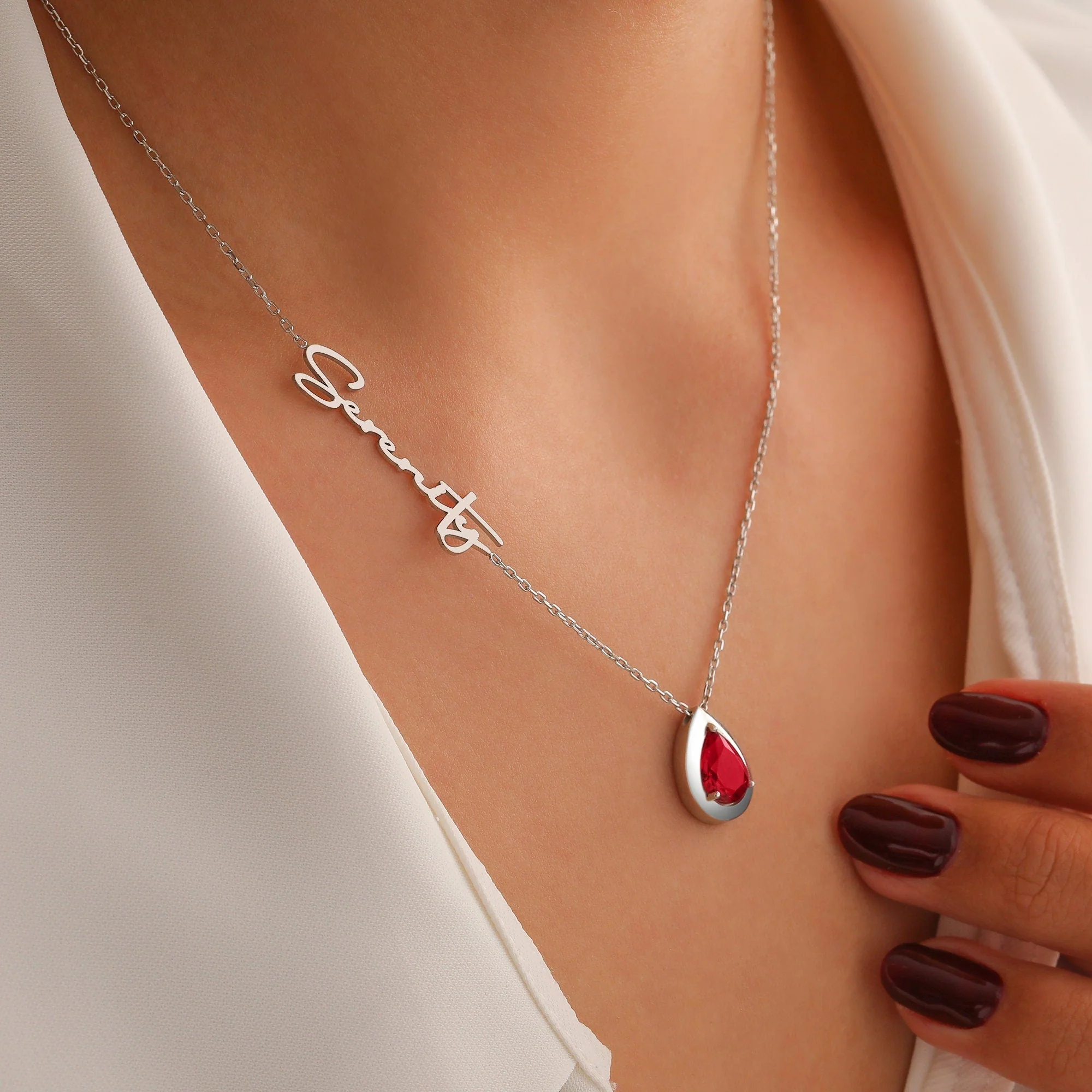 Custom Personalized Diamond Birthstone, Teardrop Stone with Name Necklace, Multi Gemstone Pendant for Her - Image 10
