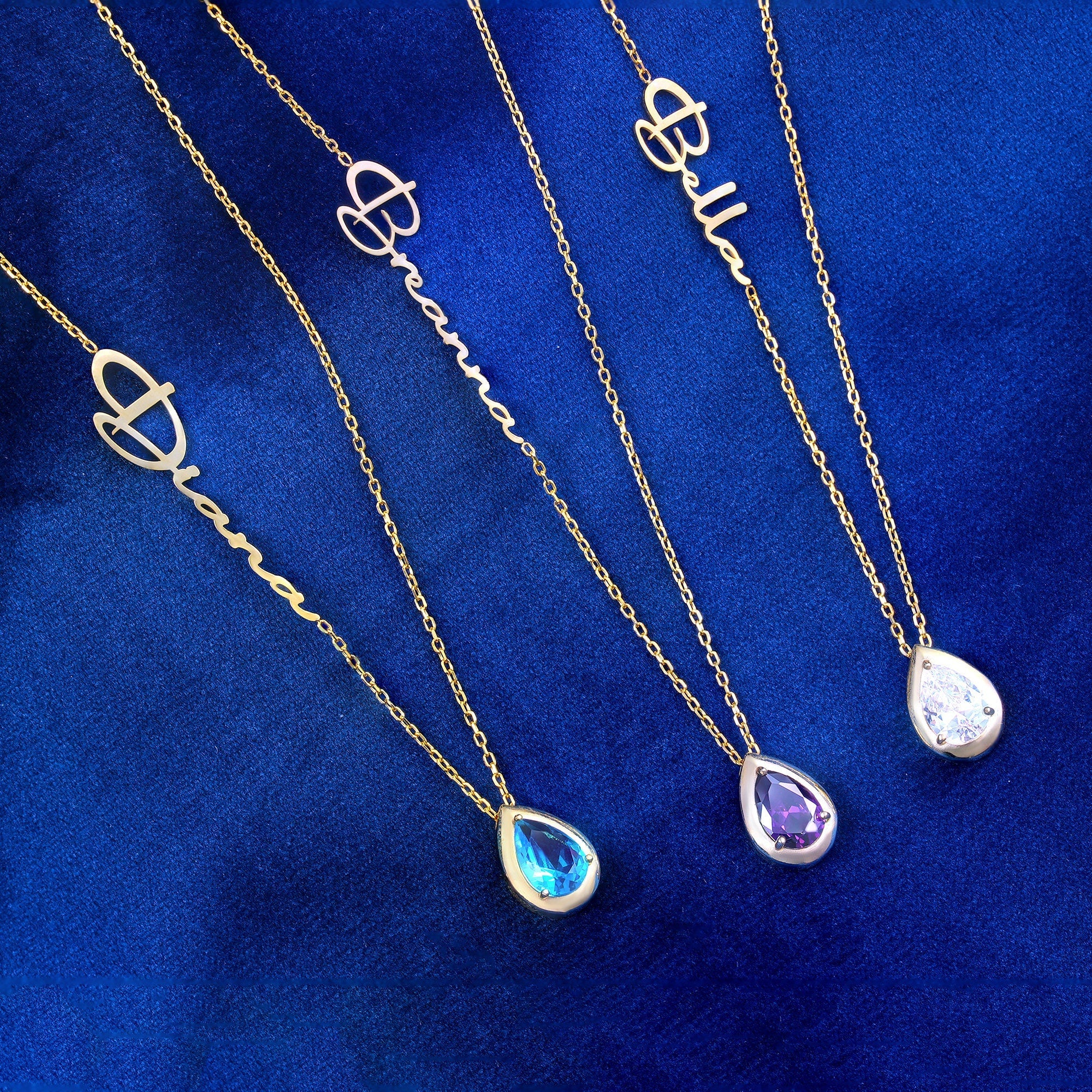 Custom Personalized Diamond Birthstone, Teardrop Stone with Name Necklace, Multi Gemstone Pendant for Her - Image 8