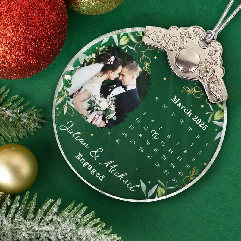 Custom Photo Calendar Married Engaged Wedding Gift - Personalized Glass Ornament With Silver Cap - Image 2