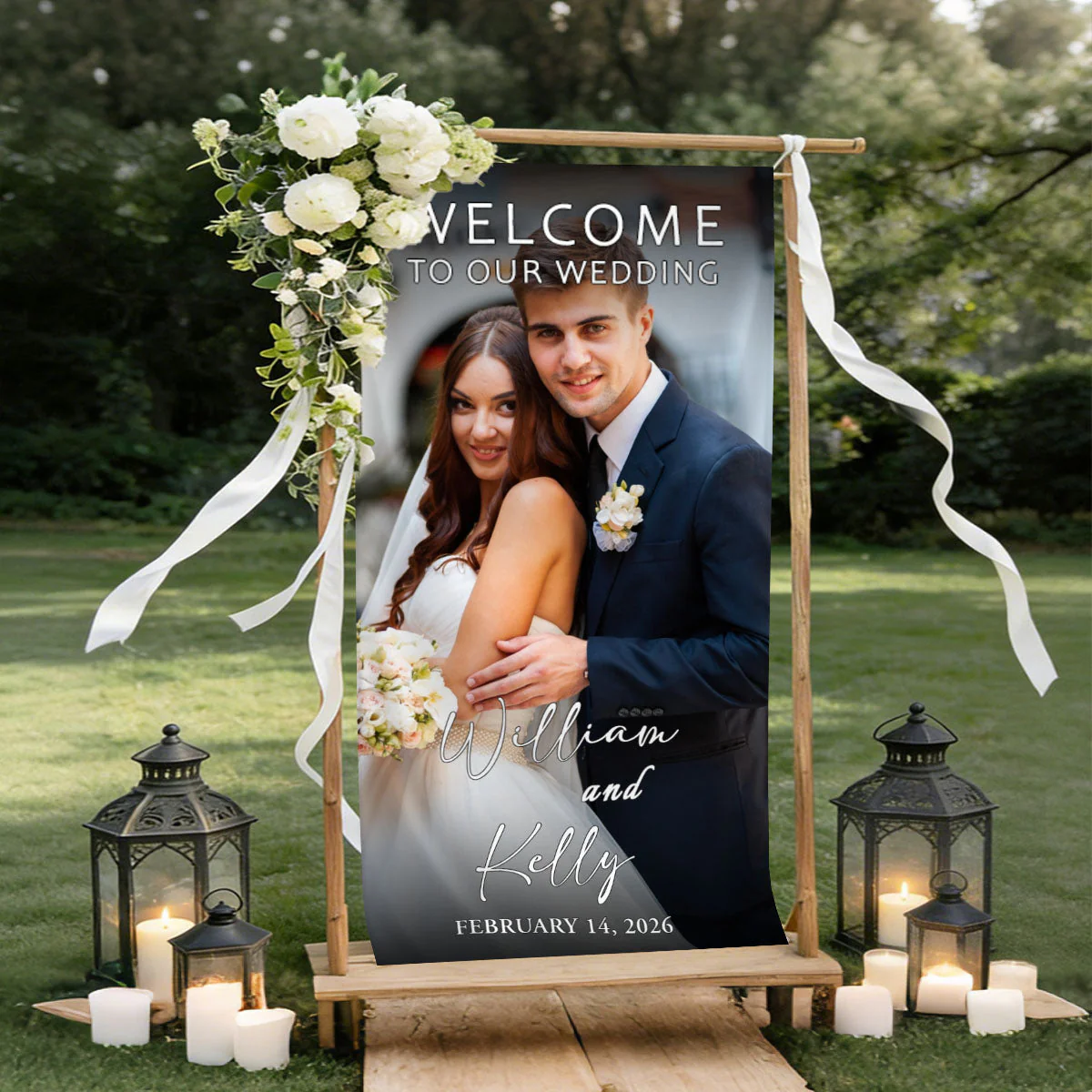 Custom Photo Fabric Wedding Welcome Sign • Modern Personalized Wedding Banner • Engagement Party Sign - Image 2