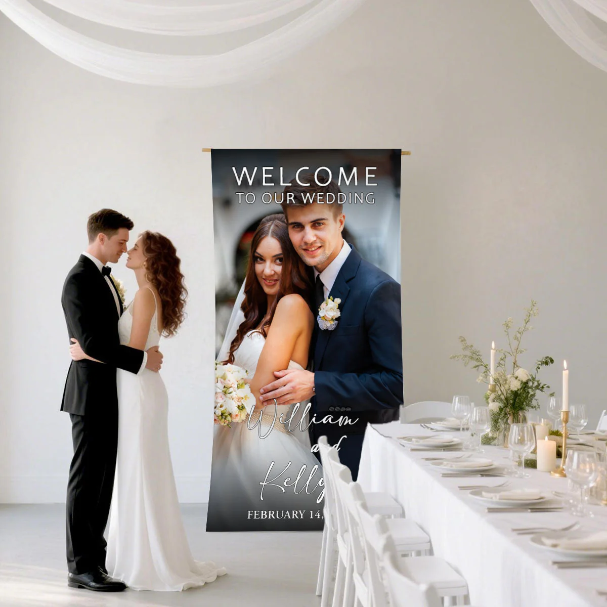 Custom Photo Fabric Wedding Welcome Sign • Modern Personalized Wedding Banner • Engagement Party Sign - Image 4