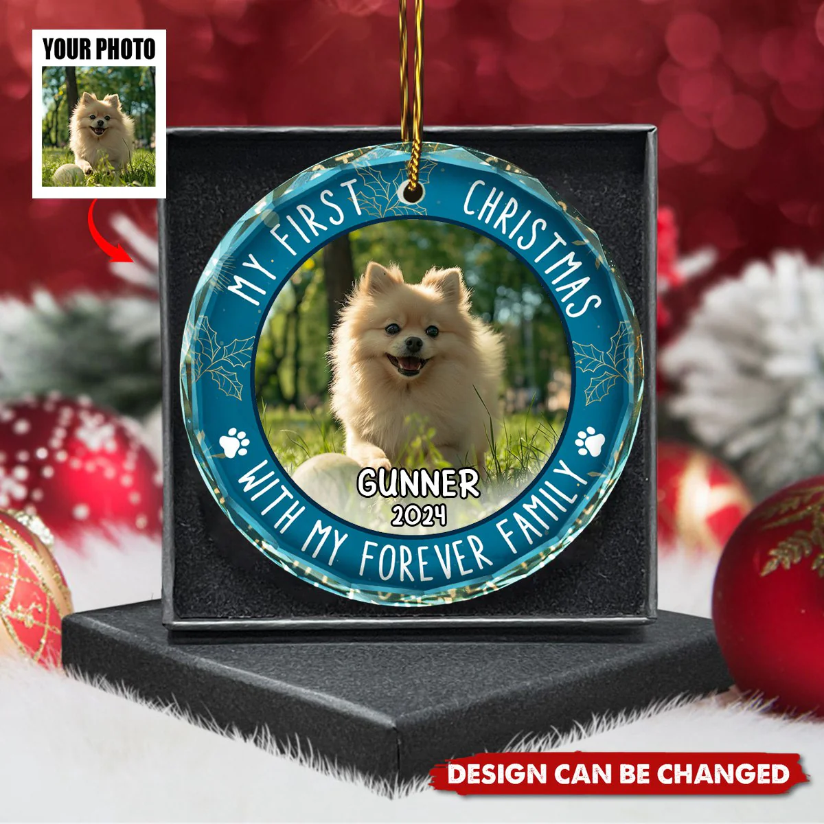 Custom Photo First Christmas Pet Lovers - Personalized Circle Glass Ornament - Image 2