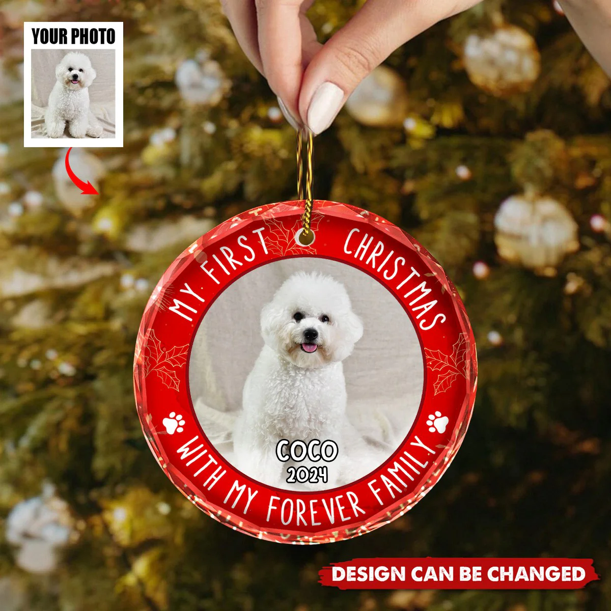 Custom Photo First Christmas Pet Lovers - Personalized Circle Glass Ornament - Image 3
