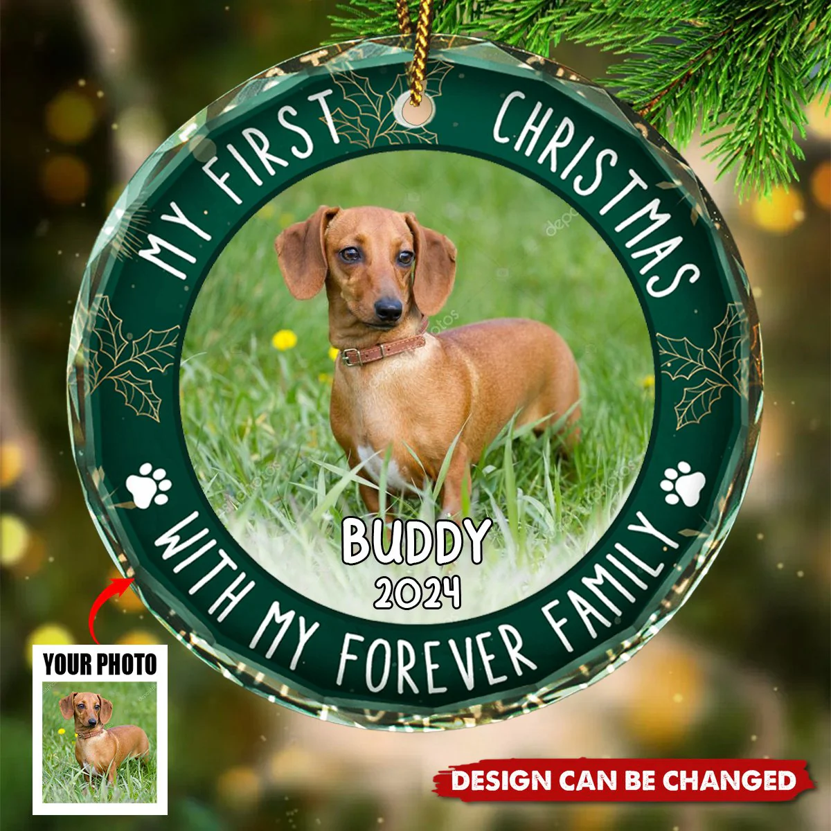 Custom Photo First Christmas Pet Lovers - Personalized Circle Glass Ornament - Image 4