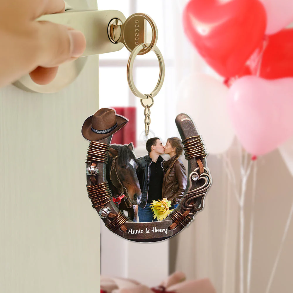Custom Photo For Couple Love Horse Riding Personalized Horseshoe shape Acrylic Keychain - Image 2