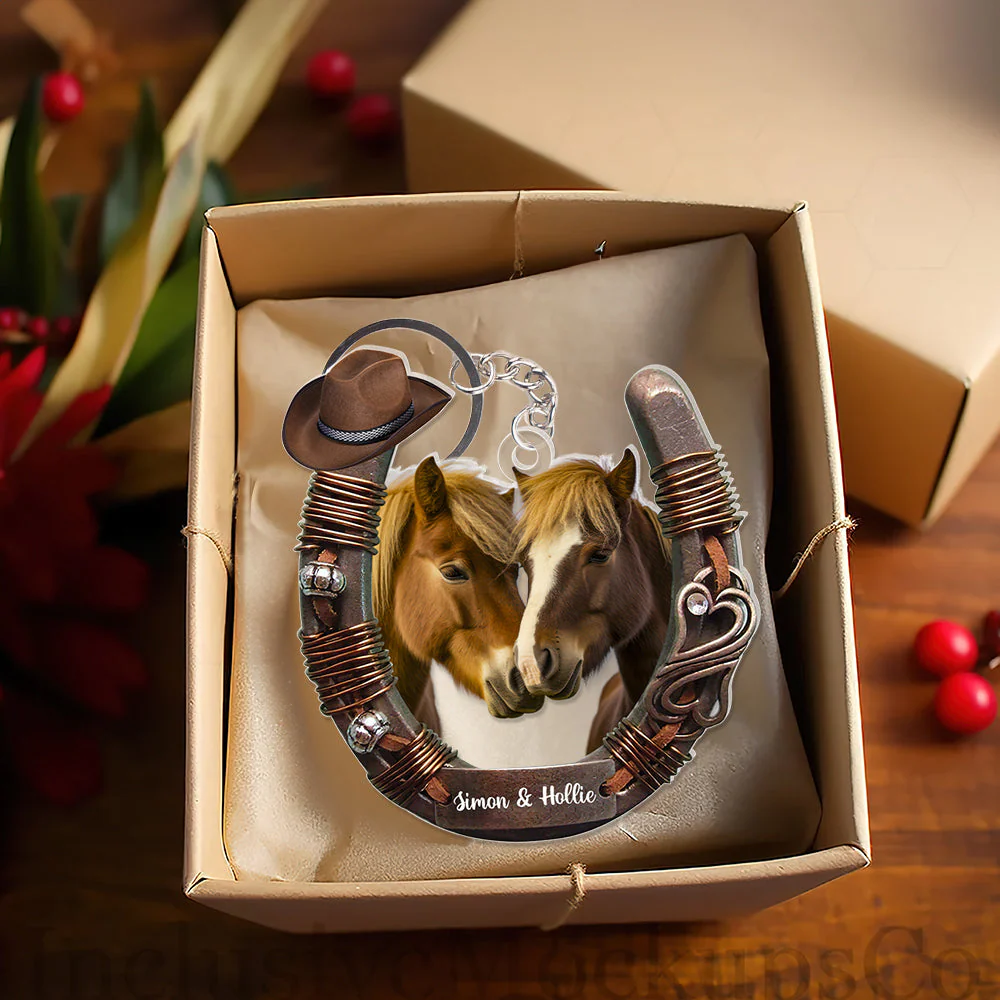Custom Photo For Couple Love Horse Riding Personalized Horseshoe shape Acrylic Keychain - Image 3