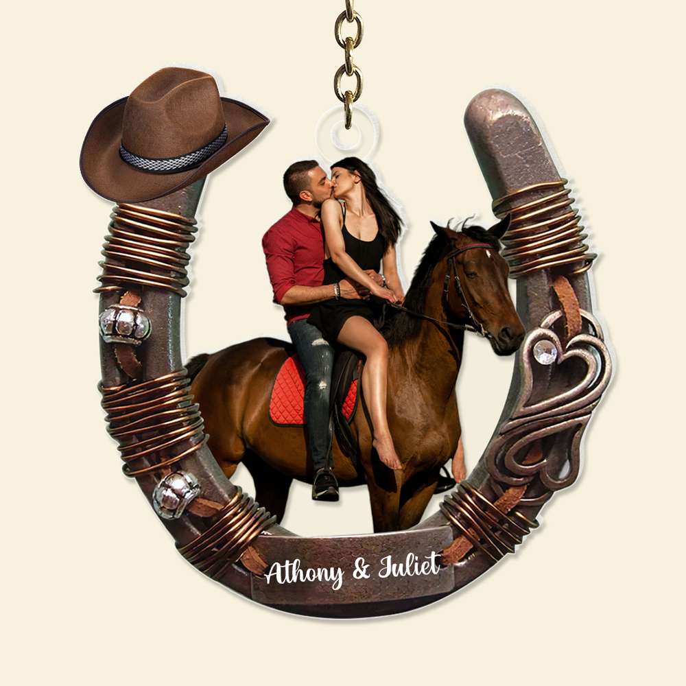 Custom Photo For Couple Love Horse Riding Personalized Horseshoe shape Acrylic Keychain - Image 4