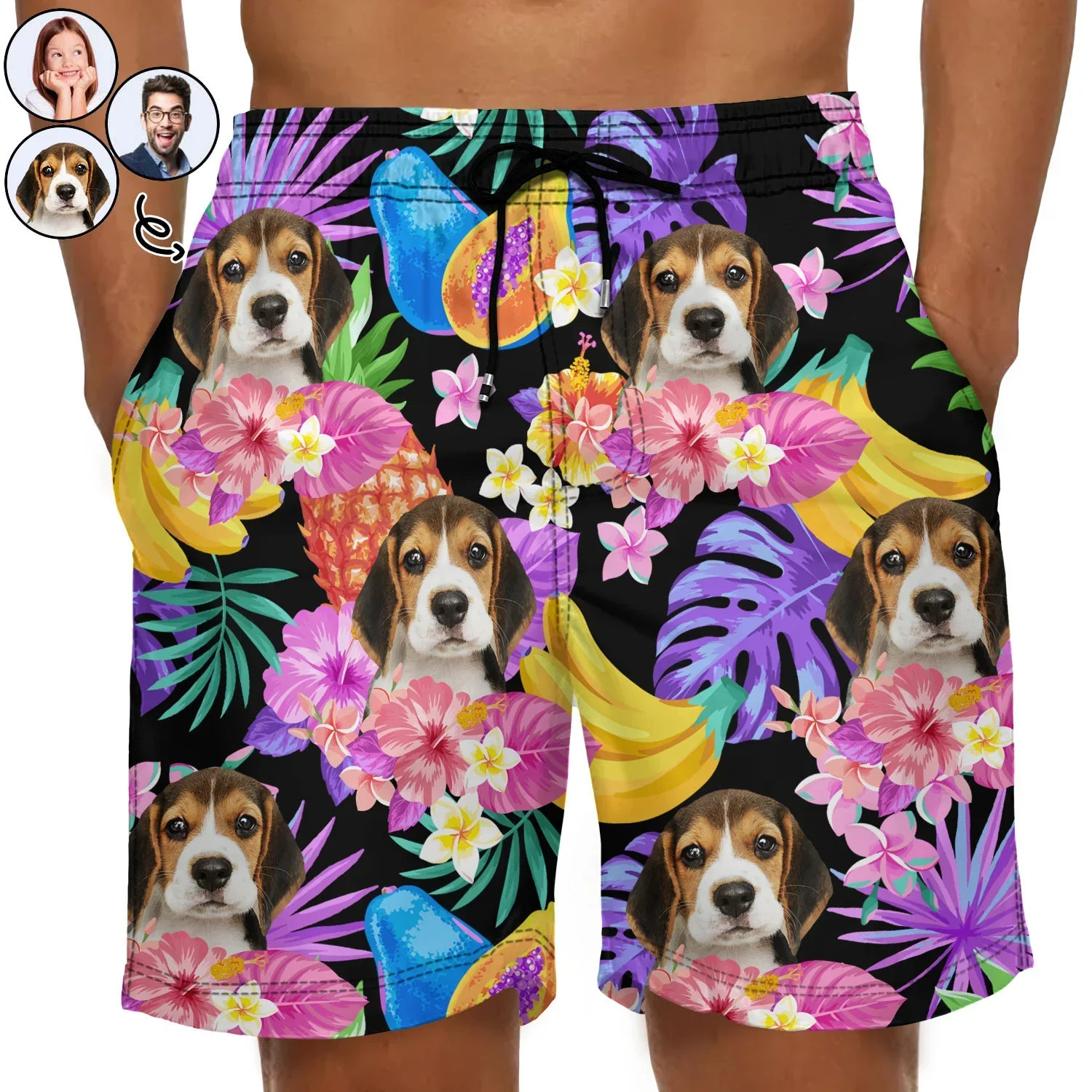 Custom Photo Funny Family Pet Face Black Colorful Tropical - Funny Gift For Pet Lovers- Personalized Unisex Beach Shorts - Image 2