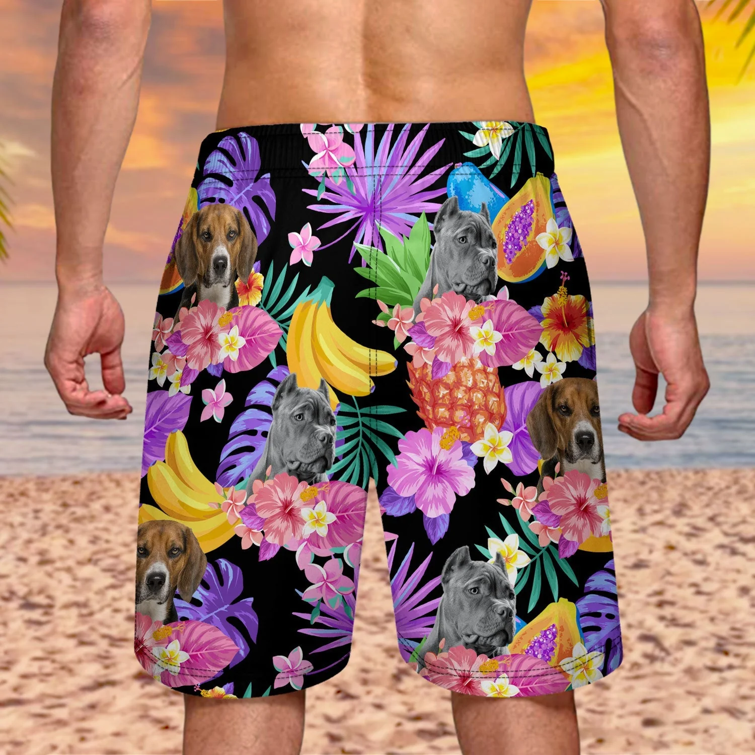 Custom Photo Funny Family Pet Face Black Colorful Tropical - Funny Gift For Pet Lovers- Personalized Unisex Beach Shorts - Image 3