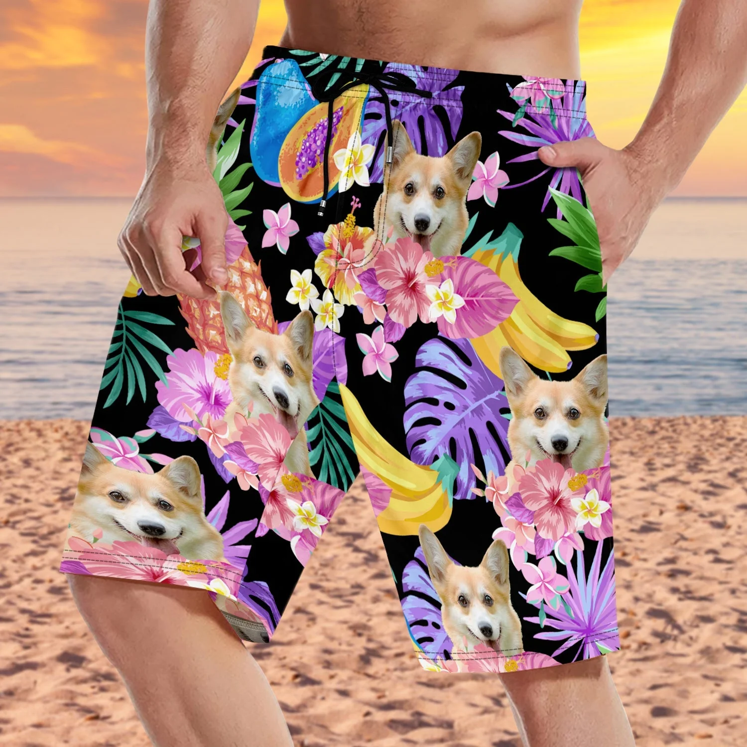 Custom Photo Funny Family Pet Face Black Colorful Tropical - Funny Gift For Pet Lovers- Personalized Unisex Beach Shorts - Image 4
