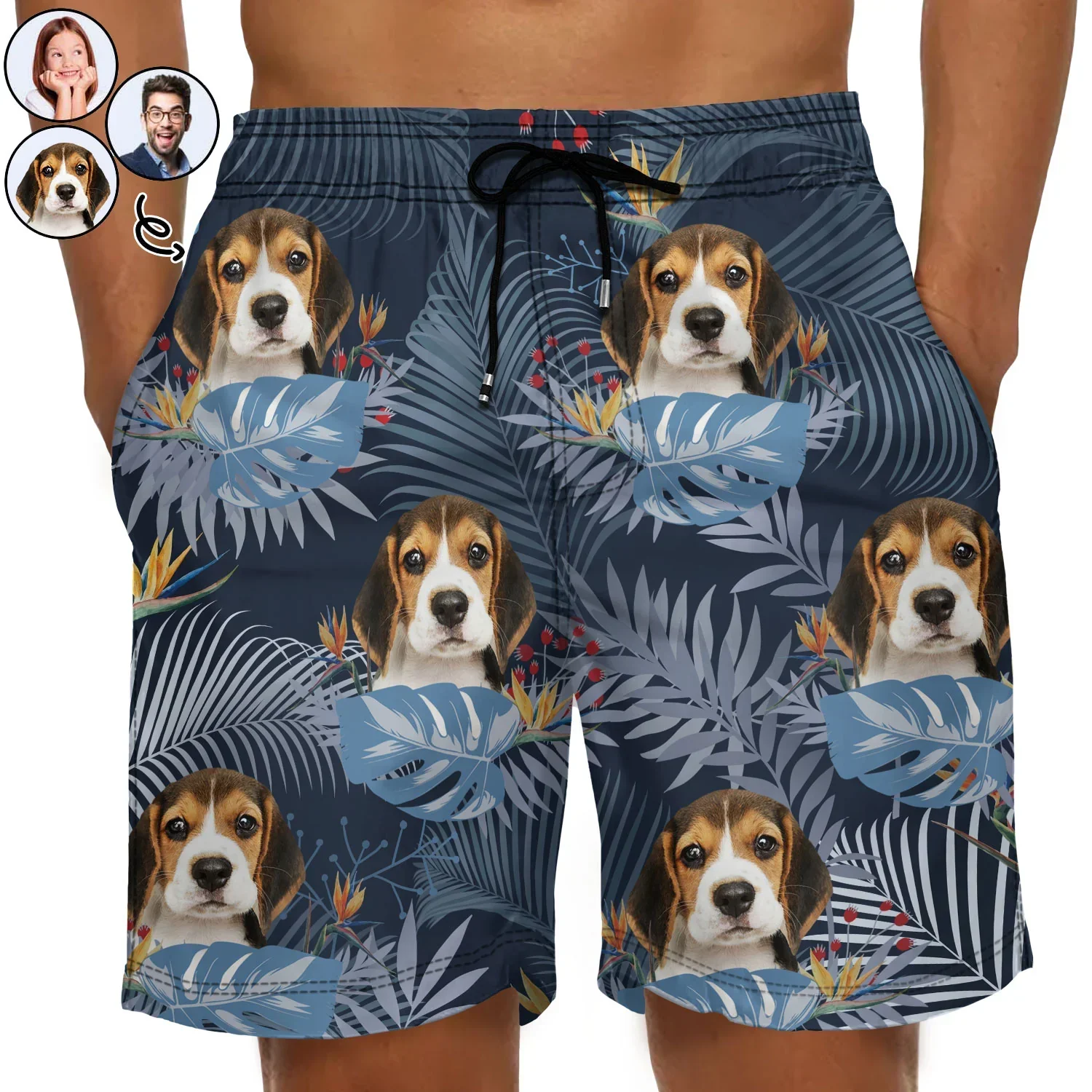 Custom Photo Funny Family Pet Face Tropical Leaf - Funny Gift For Pet Lovers- Personalized Unisex Beach Shorts - Image 2
